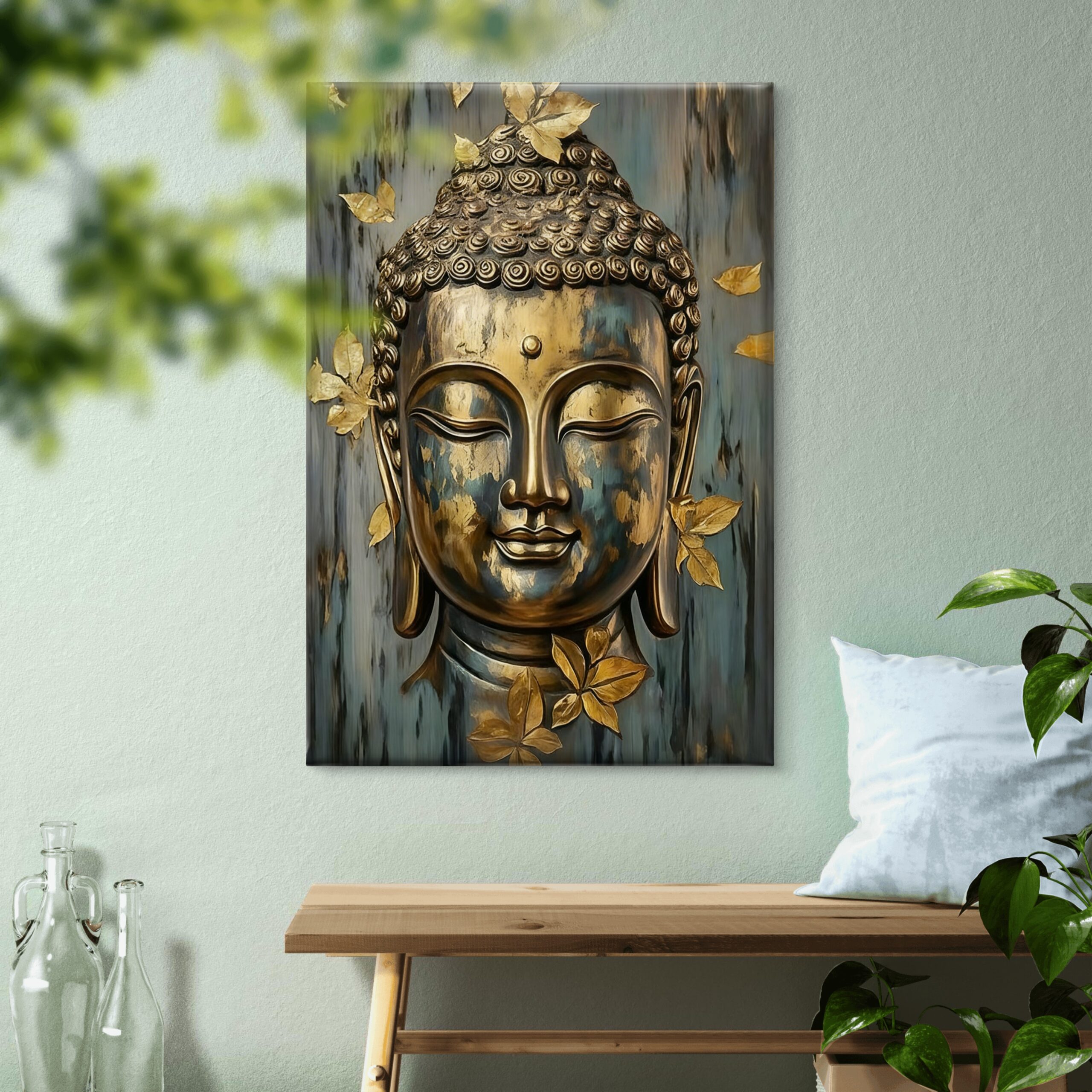 SAF Golden Lord Buddha Head Canvas Wall Art 3D Textured Abstract Painting Print Zen Spiritual Decor with Gold Leaves for Living Room Meditation Office Bedroom - Image 3