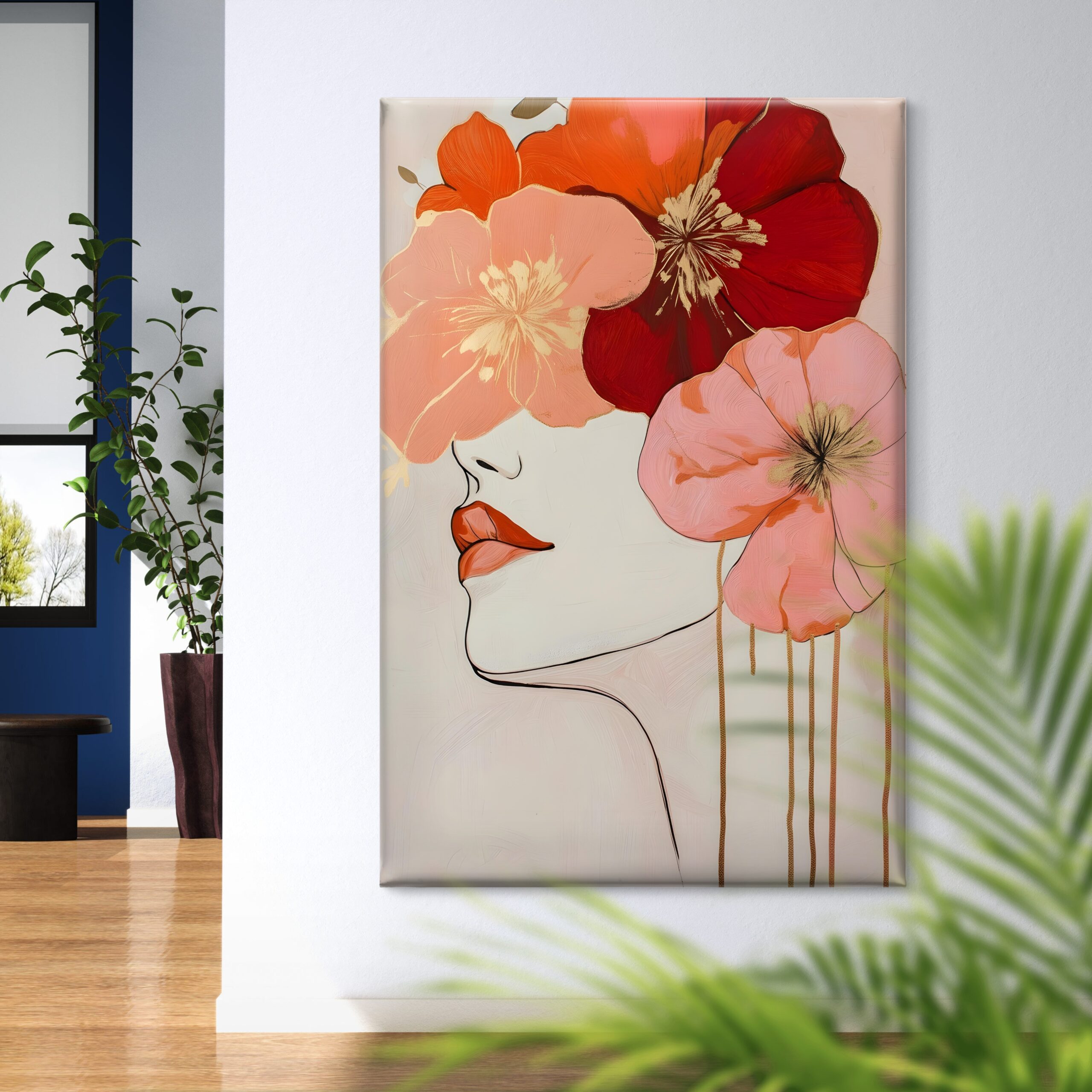 SAF Abstract Floral Woman Face Canvas Wall Art Boho Minimalist Line Art Portrait Painting Print Pink Red Flowers Modern Feminine Decor for Bedroom Living Room Dorm - Image 3