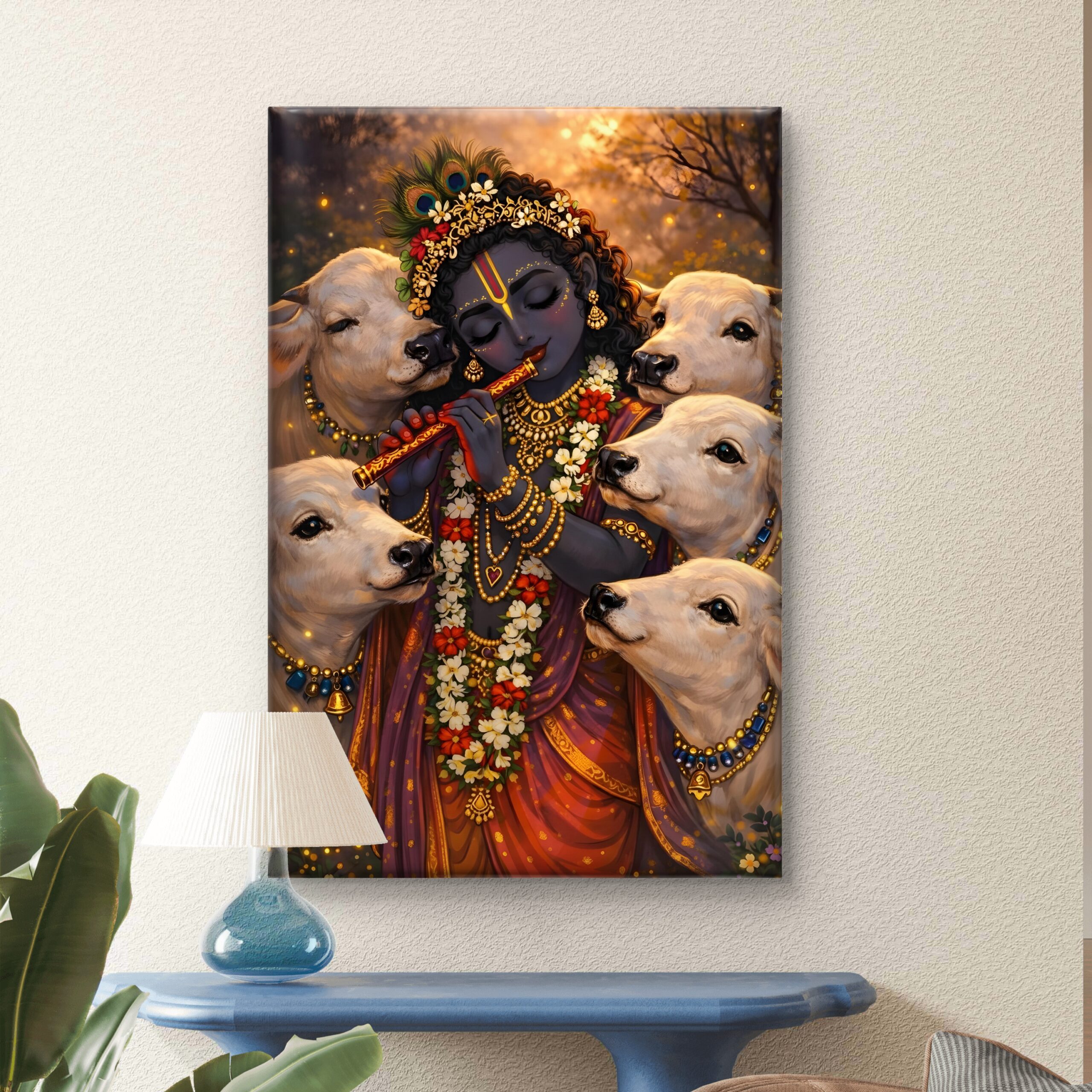 SAF Divine Lord Krishna Playing Flute with Cows Canvas Wall Art Spiritual Hindu Deity Painting Print for Puja Room Living Room Bedroom Religious Home Decor - Image 3