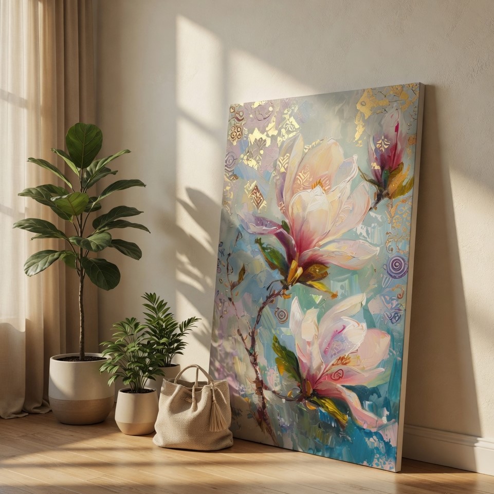 SAF Elegant Magnolia Flower Canvas Wall Art 3D Textured Abstract Floral Oil Painting Print Soft Pink Botanical Decor for Living Room Bedroom Large Modern Nature Scenery Poster - Image 3