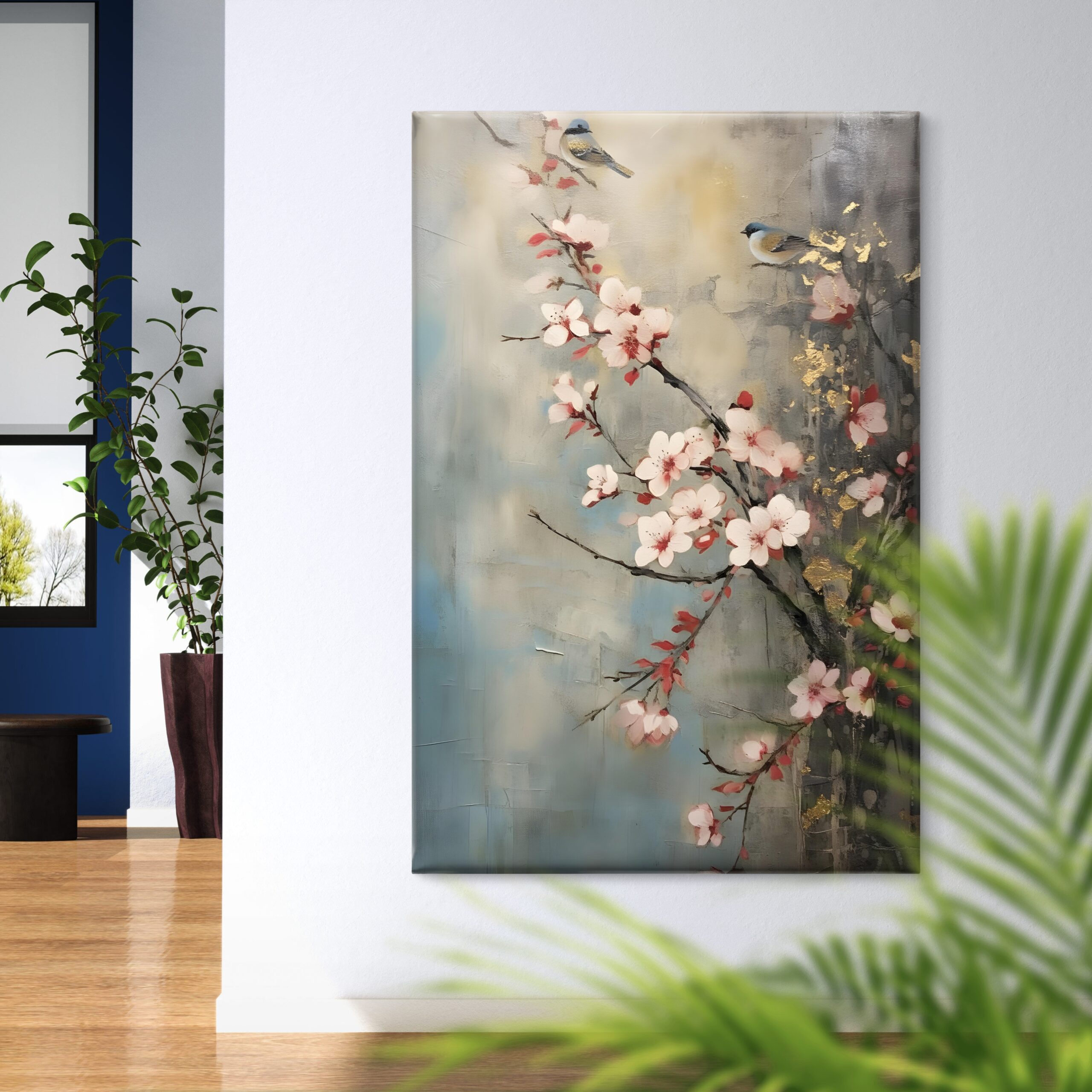 SAF Japanese Cherry Blossom Canvas Wall Art Pink Sakura Flowers with Birds 3D Textured Oil Painting Print Grey and Gold Asian Decor for Living Room Bedroom Modern Nature Poster - Image 3