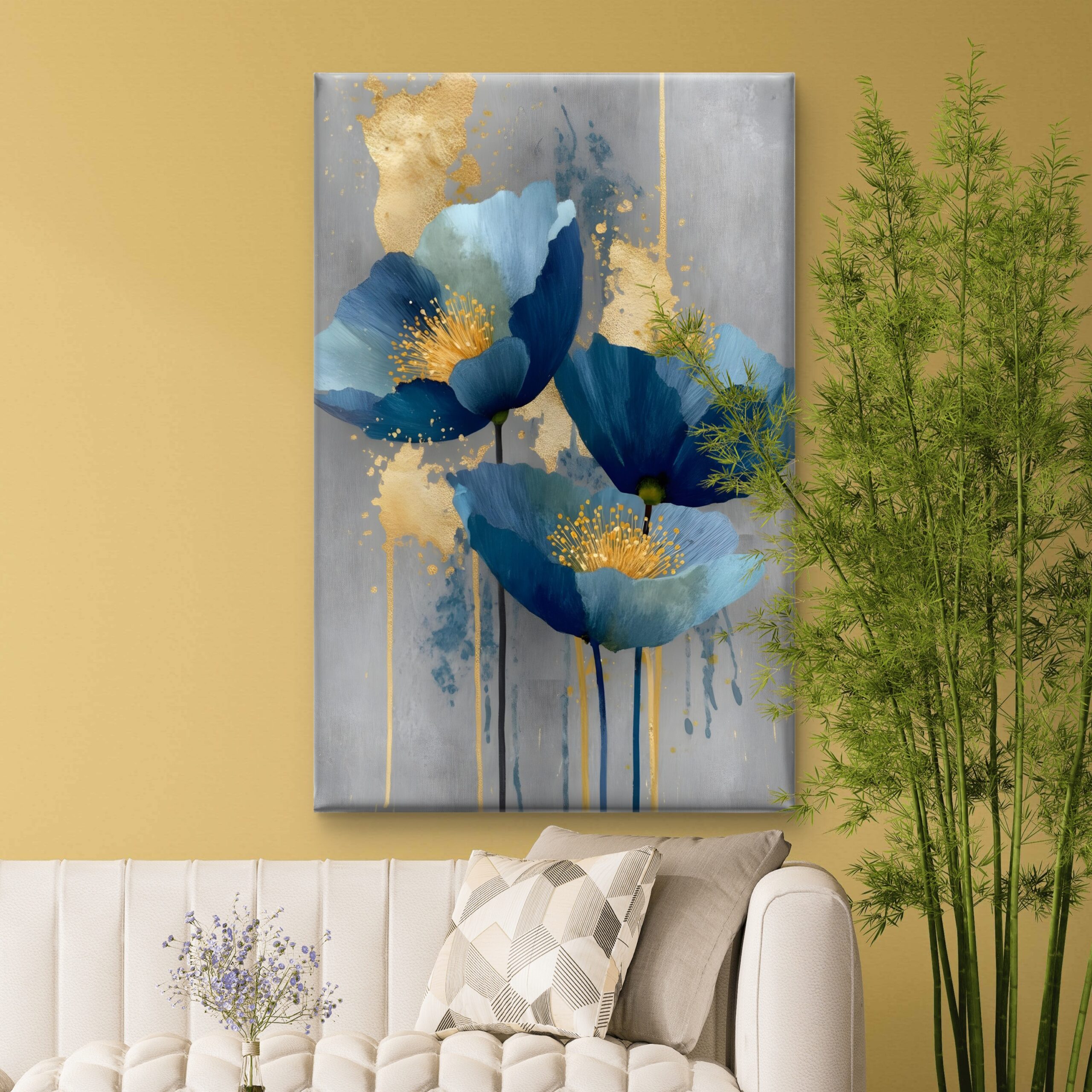 SAF Abstract Blue Poppy Canvas Wall Art Modern Floral Oil Painting Print Grey and Gold Textured Decor for Living Room Bedroom Large Botanical Flower Scenery Poster for Home - Image 3