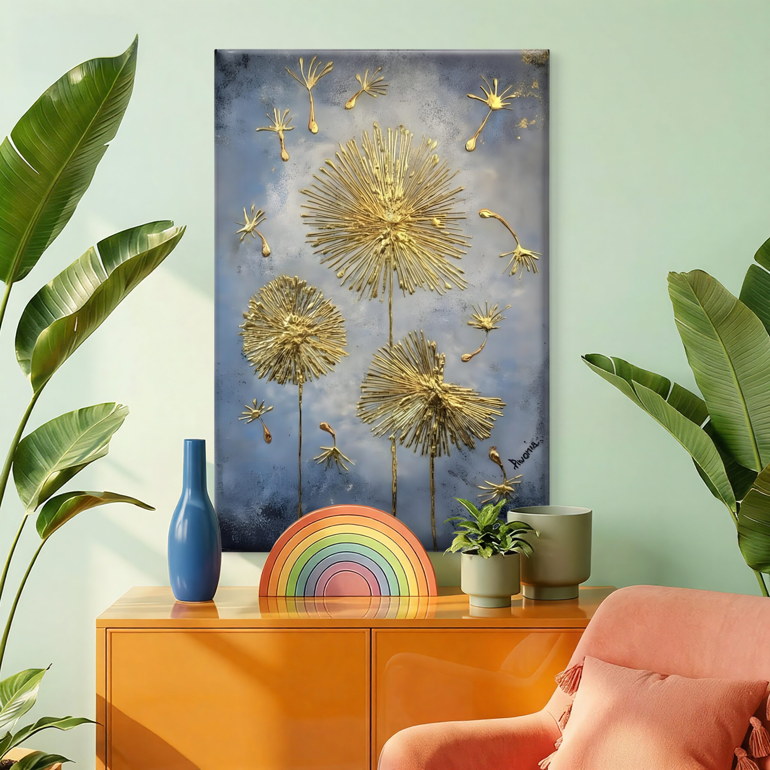 SAF Luxury 3D Gold Dandelion Canvas Wall Art Abstract Textured Floral Painting Print Blue and Silver Grey Decor for Living Room Bedroom Modern Botanical Flower Scenery Poster - Image 3