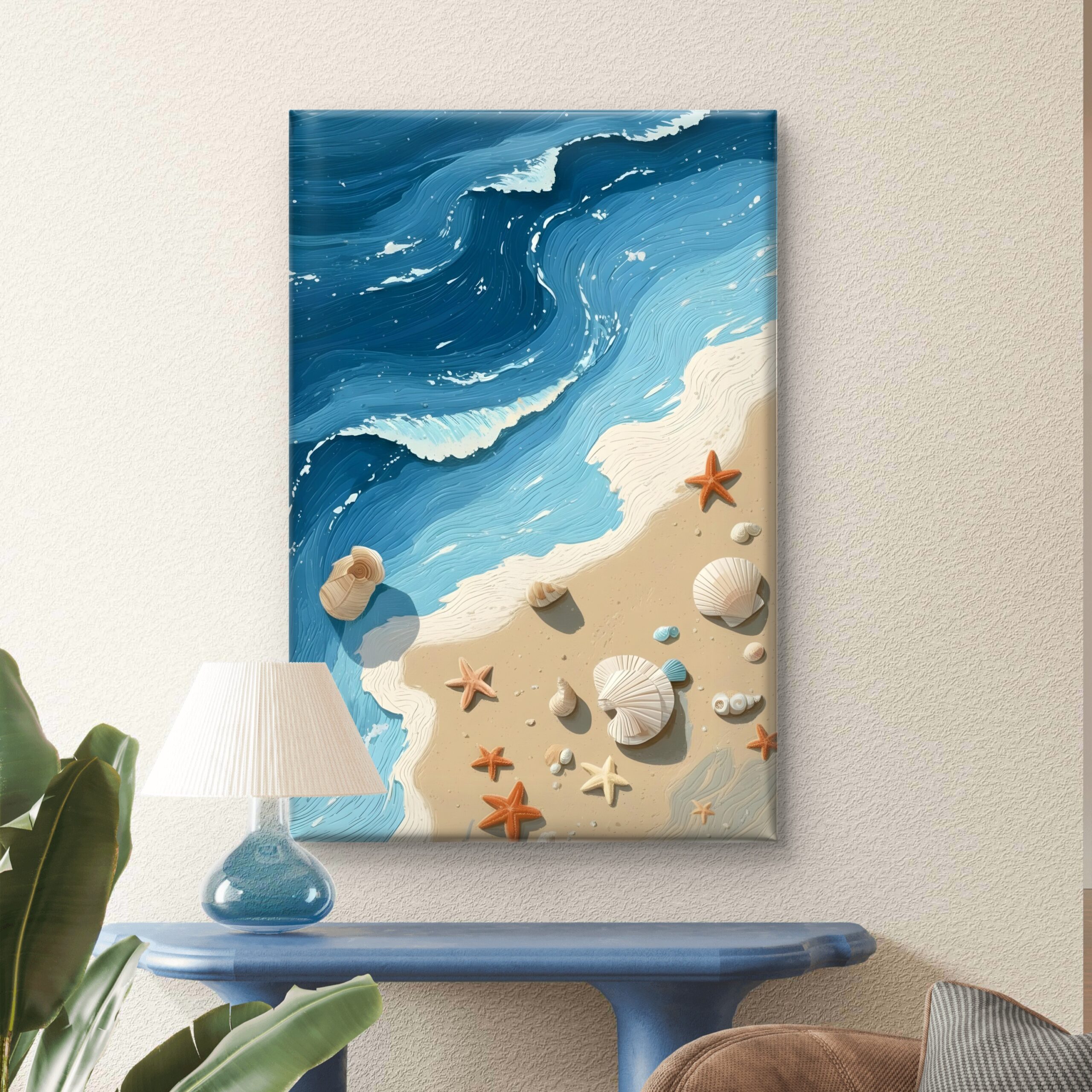SAF 3D Textured Beach Canvas Wall Art Blue Ocean Waves with Starfish and Seashells Oil Painting Print Coastal Shoreline Decor for Living Room Bedroom Office Seaside Poster - Image 3