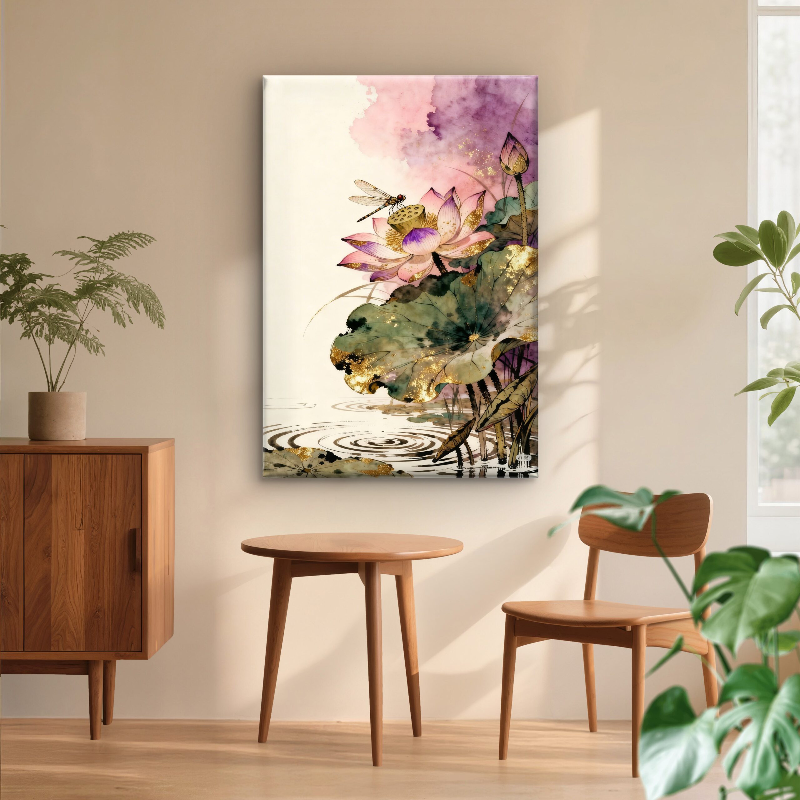 SAF Elegant Dragonfly and Lotus Flower Canvas Wall Art Pink Floral Watercolor Painting Print with Gold Accents Zen Botanical Decor for Living Room Bedroom Meditation Room Poster - Image 3