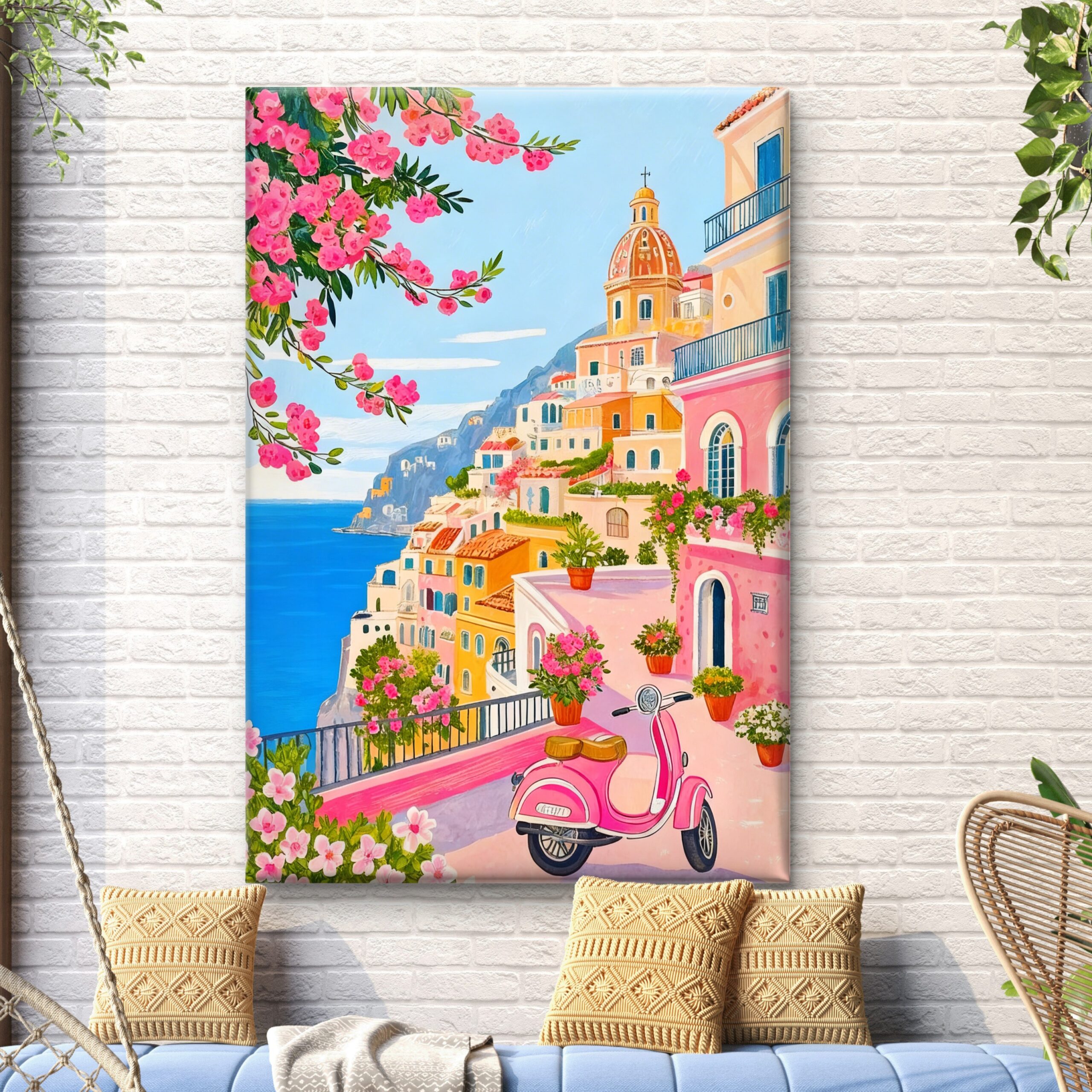 SAF Amalfi Coast Italy Canvas Wall Art Colorful Mediterranean Coastal Village Painting Print Pink Scooter Ocean View Travel Landscape Poster for Living Room Bedroom Decor - Image 3