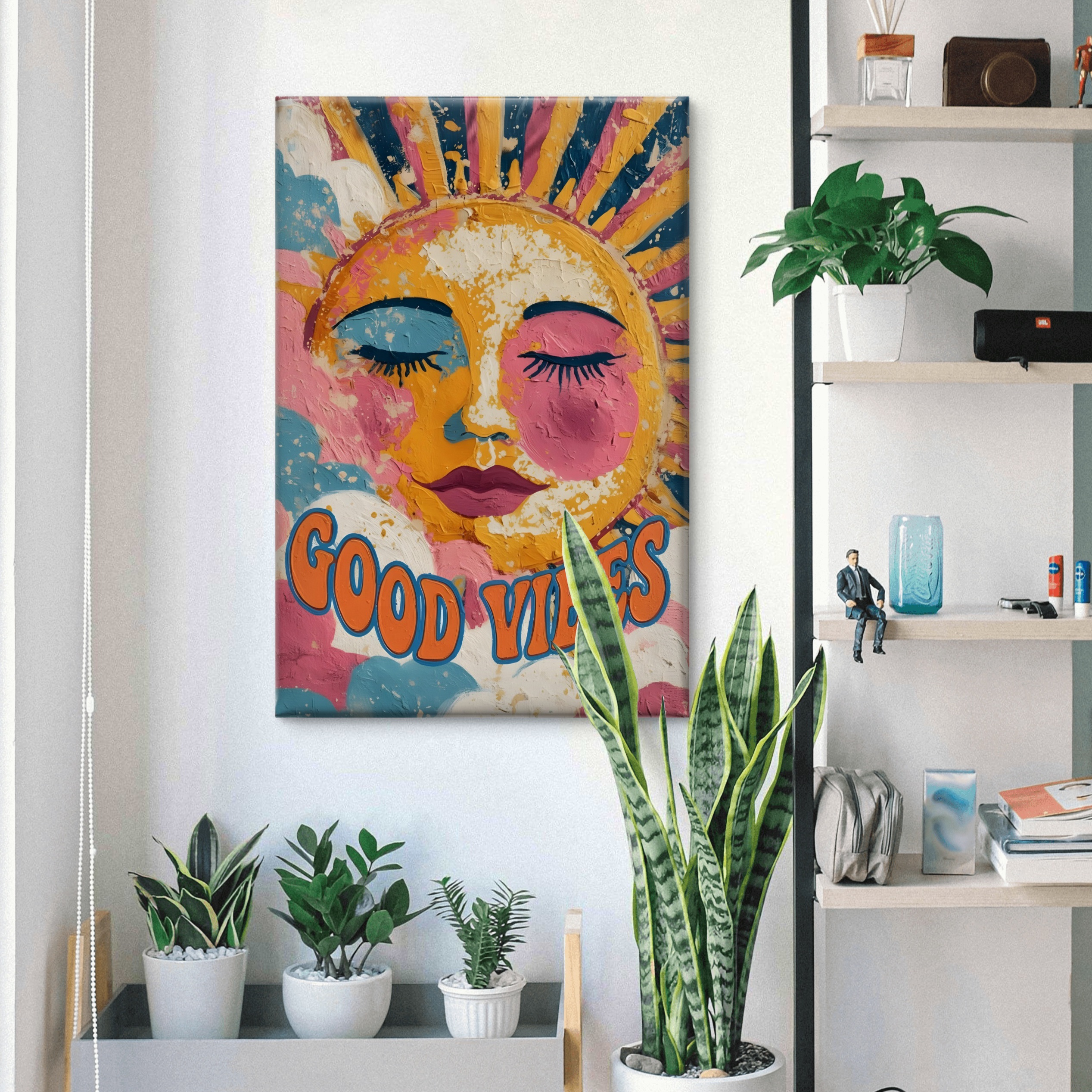 SAF Good Vibes Sun Canvas Wall Art Textured Abstract Celestial Face Painting Print Retro Boho Decor for Living Room Bedroom Colorful Positive Quote Poster Modern Home Artwork - Image 3