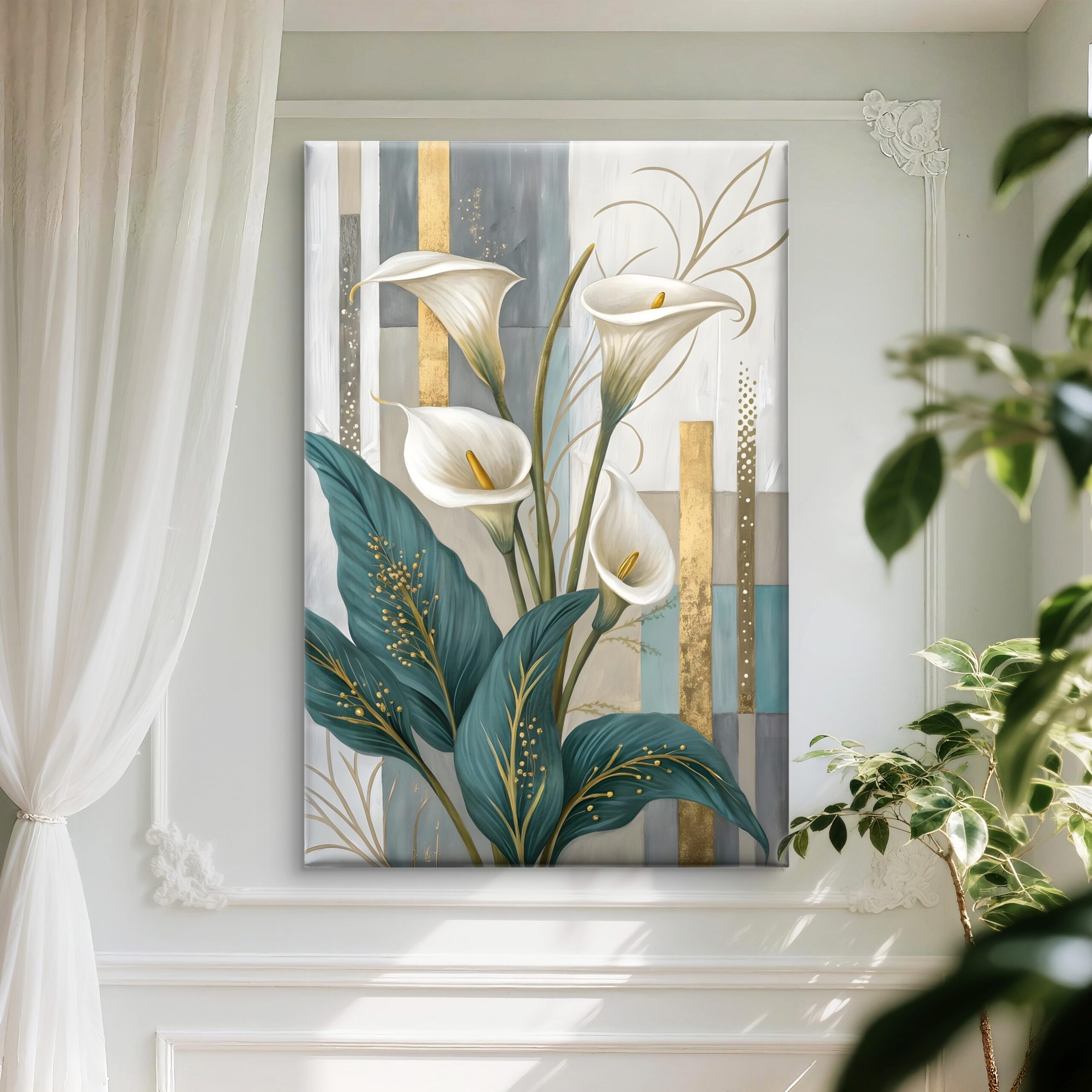 SAF Elegant White Calla Lily Canvas Wall Art Modern Abstract Floral Painting Print Teal and Gold Textured Decor for Living Room Bedroom Luxury Botanical Flower Scenery Poster - Image 3