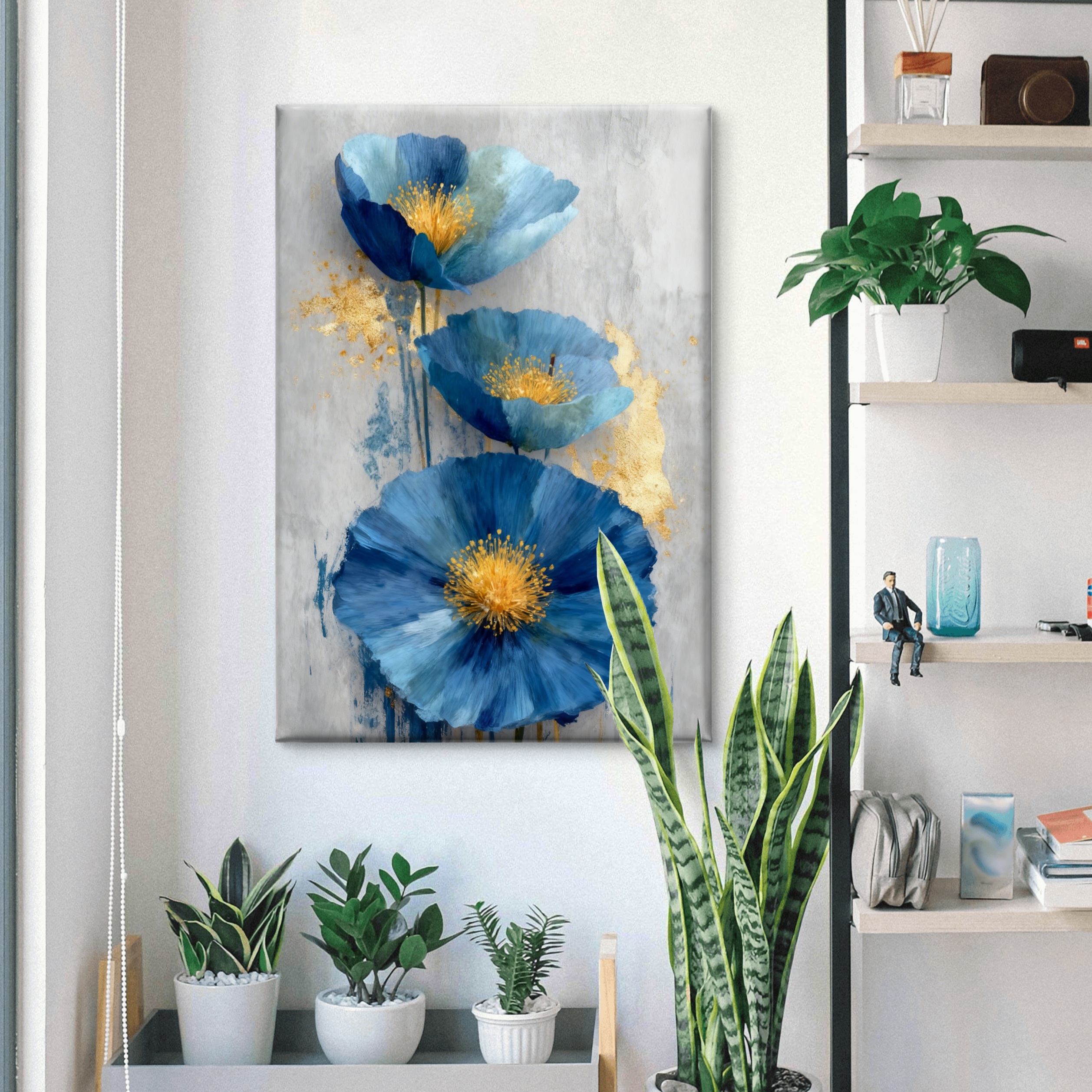 SAF Abstract Blue Poppy Canvas Wall Art Modern Floral Oil Painting Print Grey and Gold Textured Decor for Living Room Bedroom Large Botanical Flower Scenery Poster for Home - Image 3
