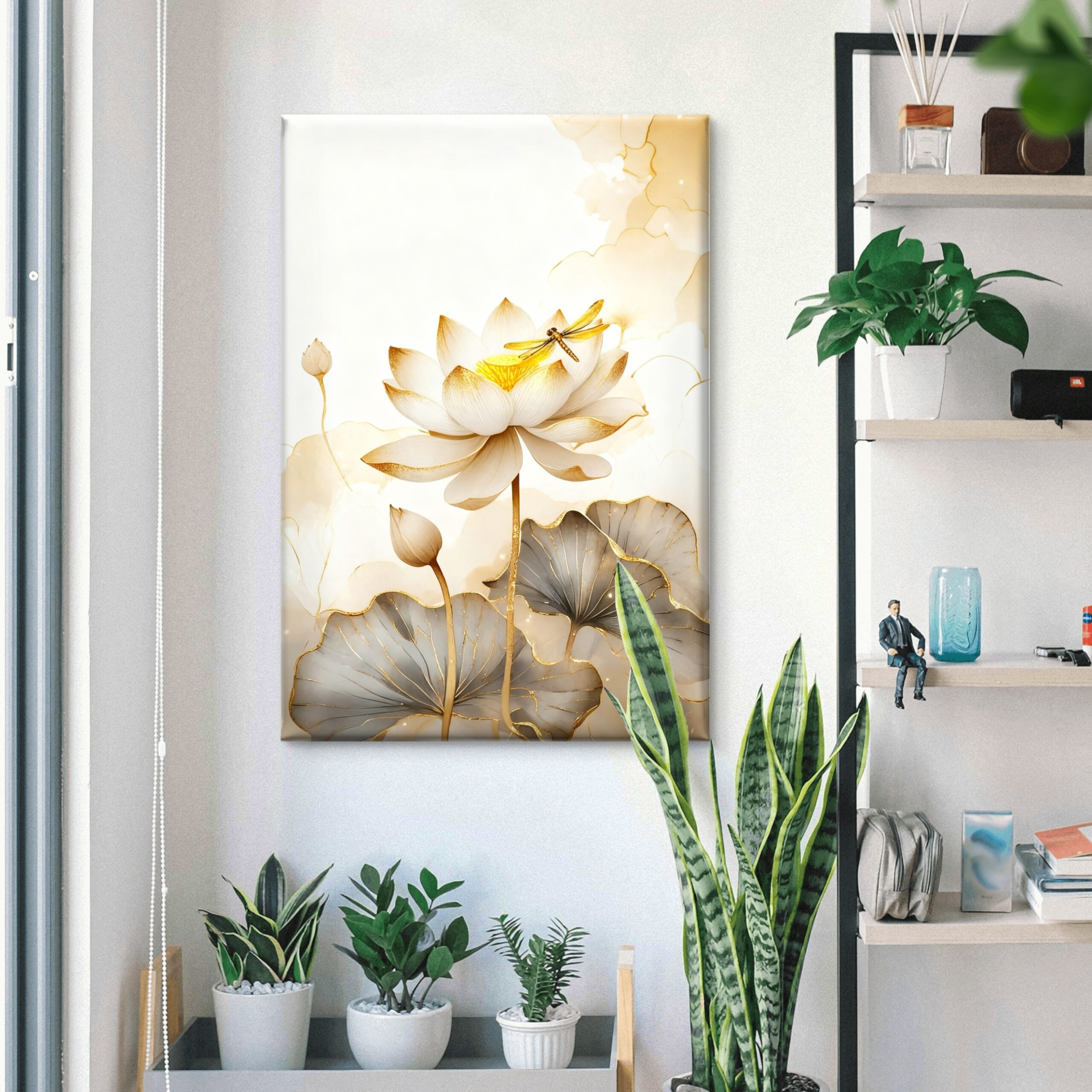 SAF Elegant White Lotus Flower Canvas Wall Art Gold Dragonfly Zen Botanical Painting Print Luxury 3D Textured Floral Decor for Living Room Bedroom Office Room Large Poster - Image 3