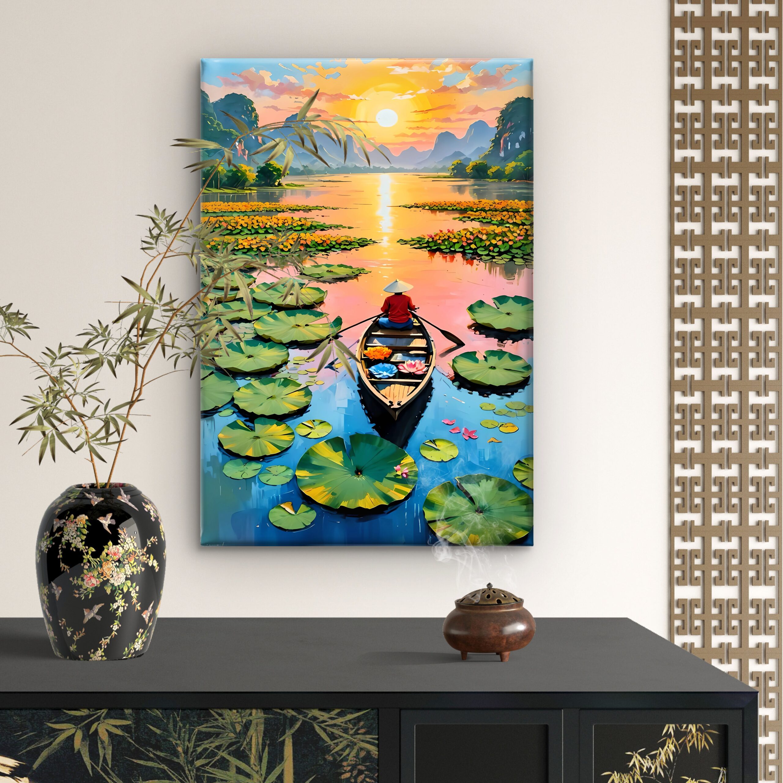 SAF Sunset Lake Boat Canvas Wall Painting | Lotus Pond Landscape Artwork HD Printed Canvas with Wooden Frame | Living Room Bedroom Aesthetic Nature Home Decor Gift - Image 3