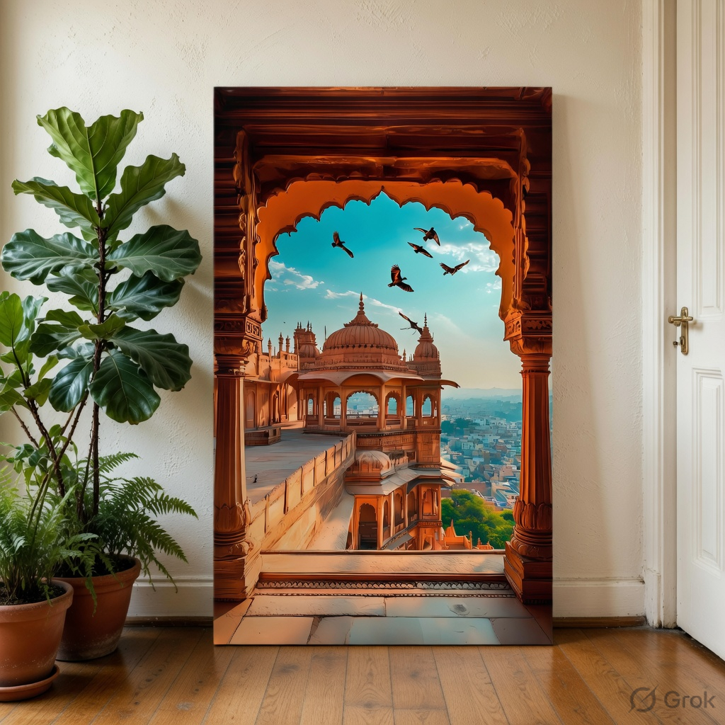 SAF Rajasthani Palace Arch Canvas Wall Painting | Royal Indian Architecture City View Artwork HD Printed Canvas with Wooden Frame | Living Room Bedroom Home Decor Gift - Image 3