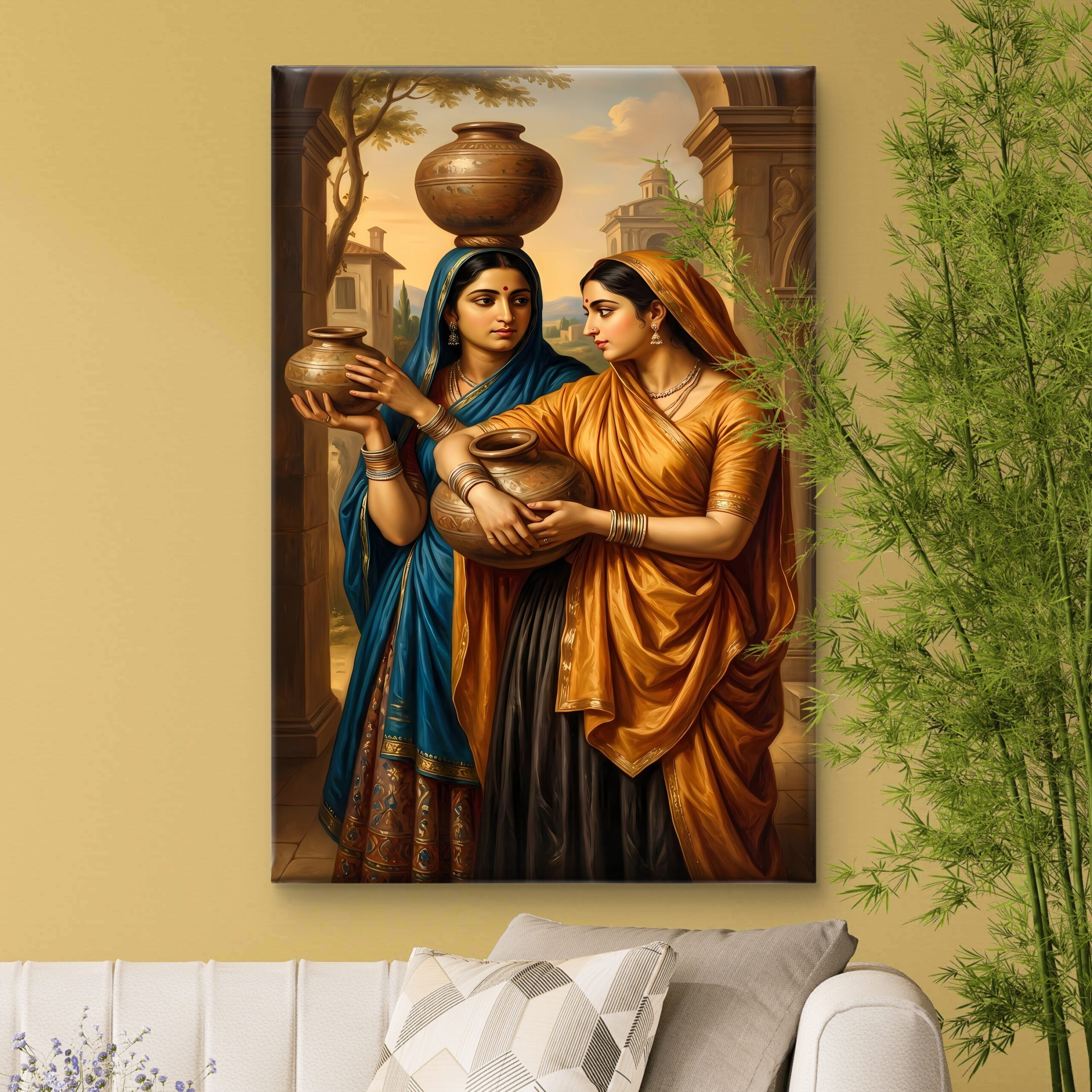 SAF Traditional Indian Women Canvas Wall Painting | Rajasthani Village Art Pot Carrying Ladies HD Printed Canvas with Wooden Frame | Living Room Bedroom Ethnic Home Decor Gift - Image 3