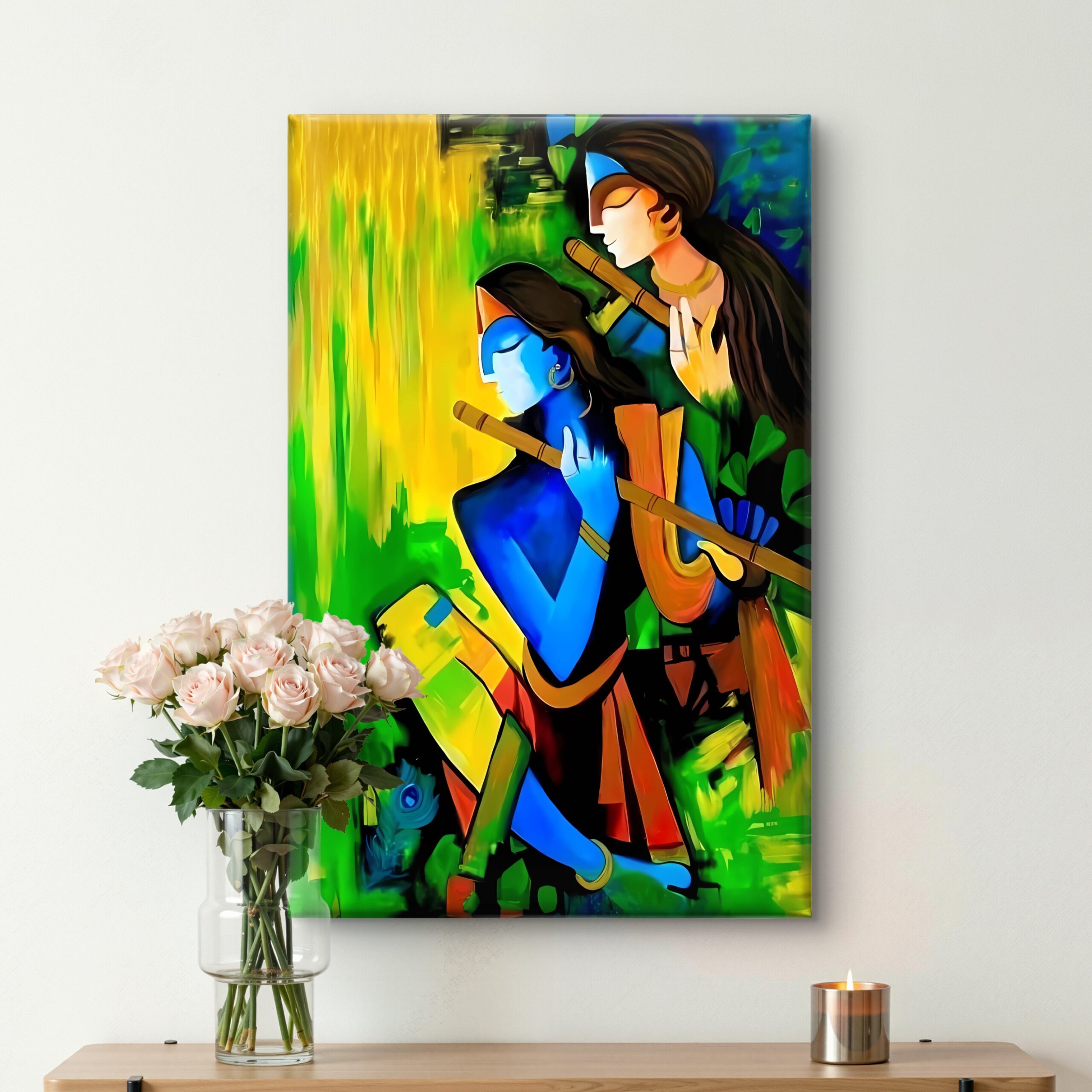 SAF Vibrant Abstract Radha Krishna Playing Flute Canvas Wall Art Modern Hindu Deity Painting Print for Living Room Bedroom Puja Room Home Decor Religious Wall Hanging Gift - Image 3