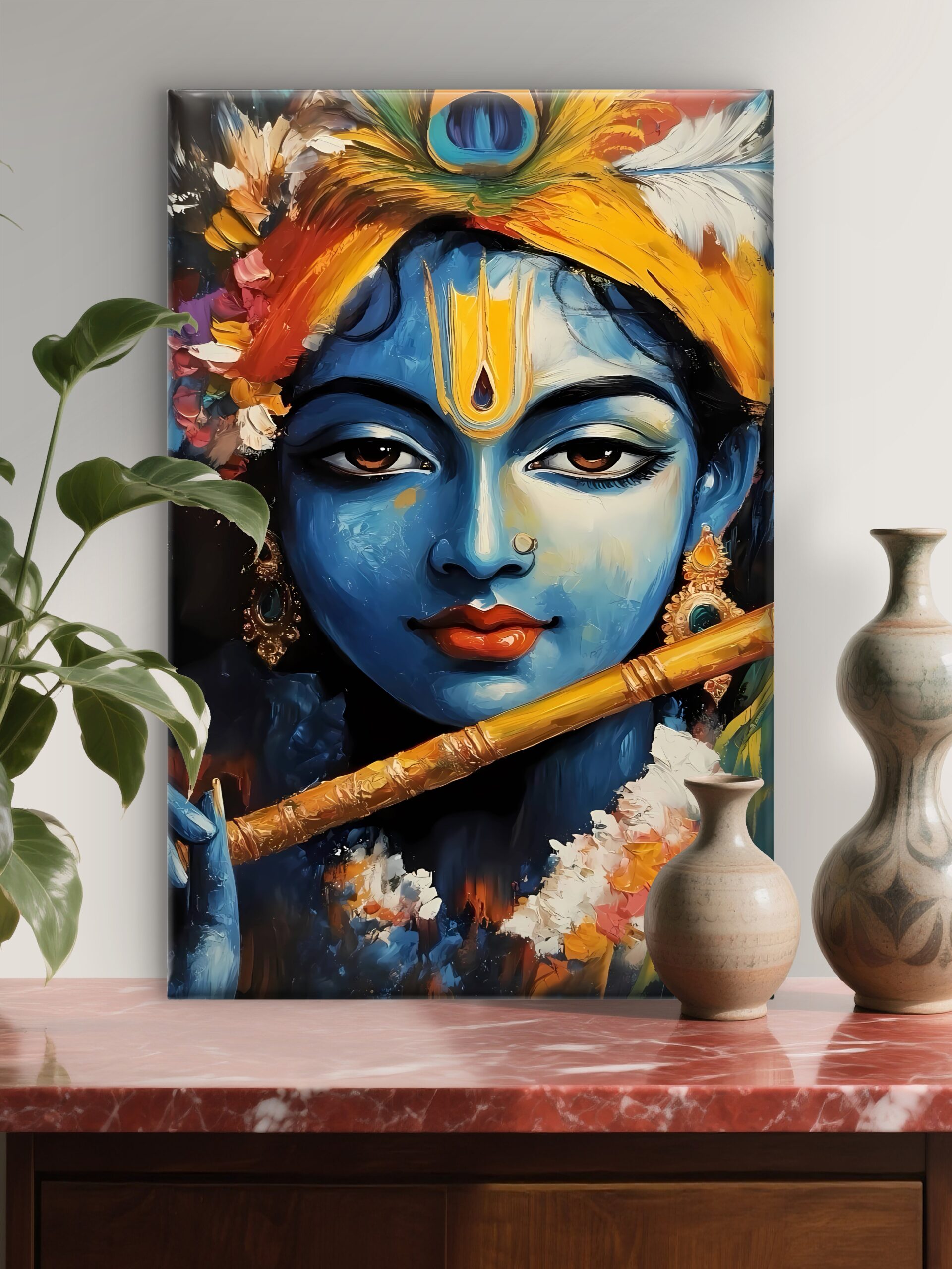 SAF Exquisite Lord Krishna Portrait Canvas Wall Art Playing Flute Abstract Oil Painting Print Modern Hindu Deity Religious Decor for Living Room Bedroom & Puja Room - Image 4