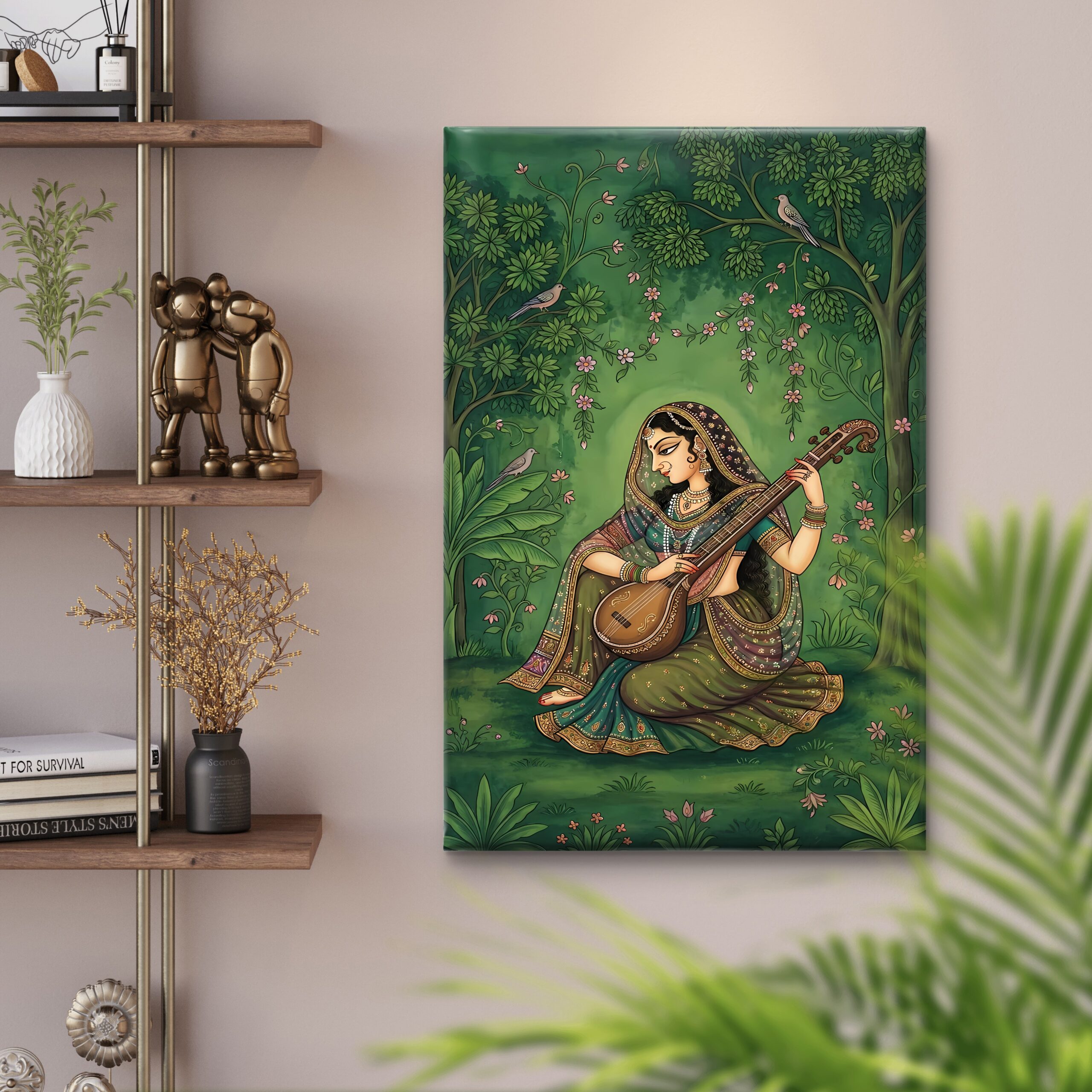 SAF Traditional Indian Musician Playing Veena Canvas Wall Art Rajasthani Style Painting Print Ethnic Home Decor for Living Room Bedroom Vintage Green Nature Poster - Image 4