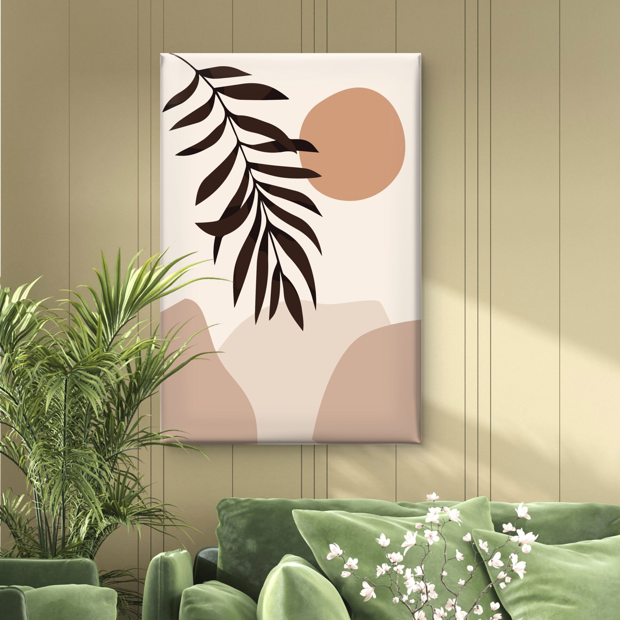 SAF Boho Minimalist Botanical Canvas Wall Art Abstract Sun & Palm Leaf Neutral Earth Tone Landscape Painting Print Mid Century Modern Decor for Living Room Bedroom Office - Image 4