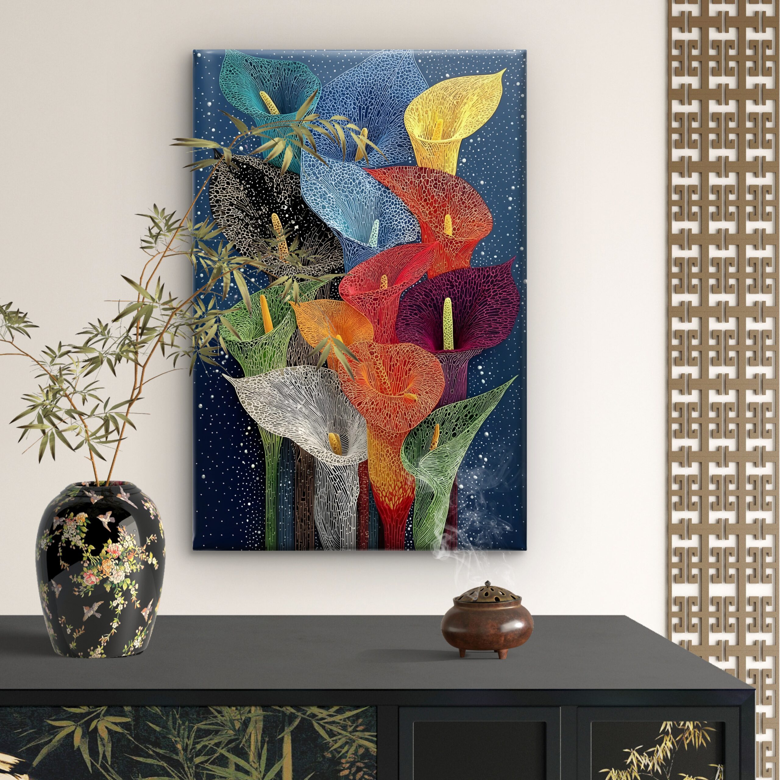 SAF Colorful Abstract Calla Lily Canvas Wall Art Vibrant Floral Mosaic Painting Print Dark Blue Botanical Decor for Living Room Bedroom Office Modern Aesthetic Poster - Image 4