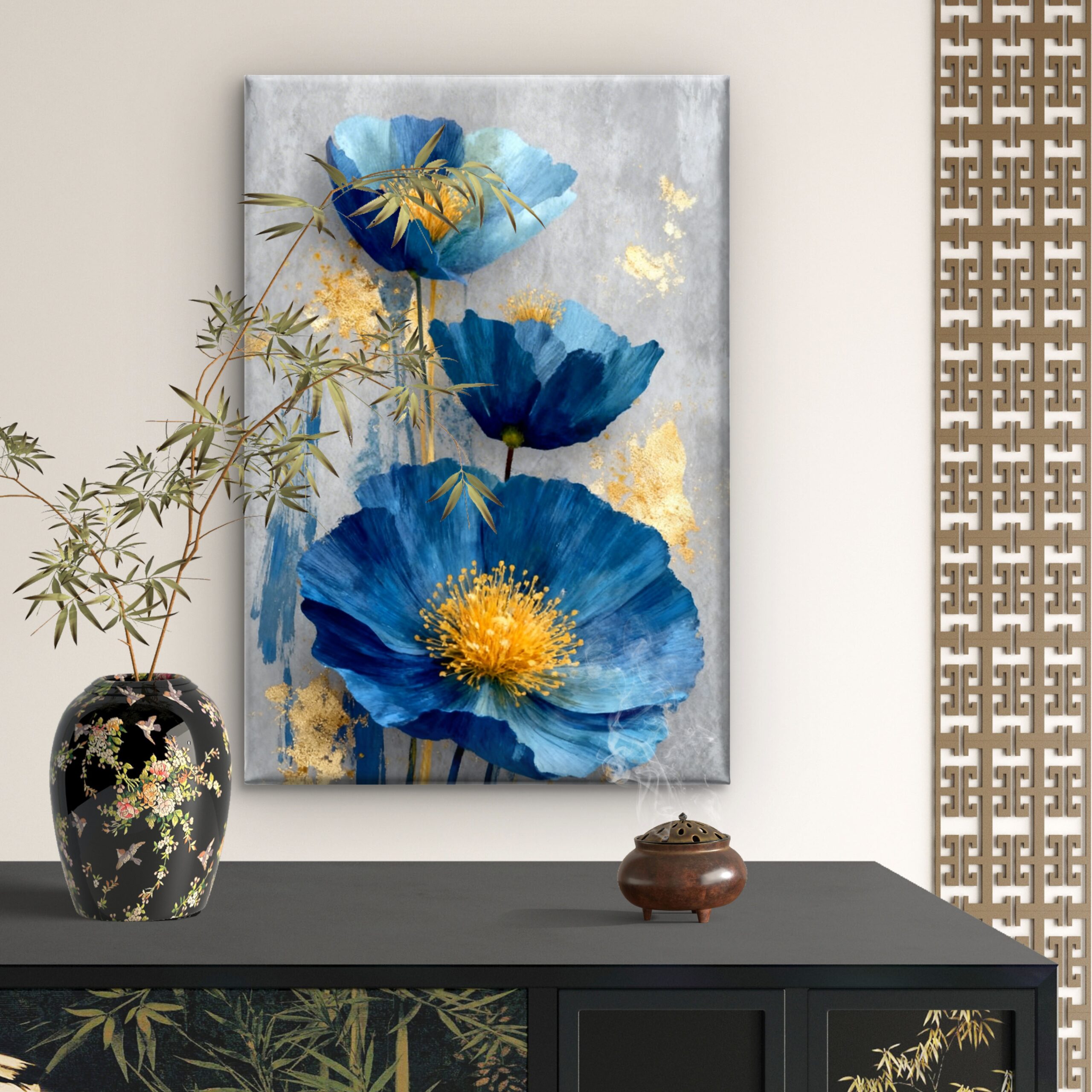 SAF Modern Blue Floral Canvas Wall Art Abstract Poppy Flower Painting Print with Gold Foil Accents Elegant Grey Botanical Decor for Living Room Bedroom Office Home Poster - Image 4