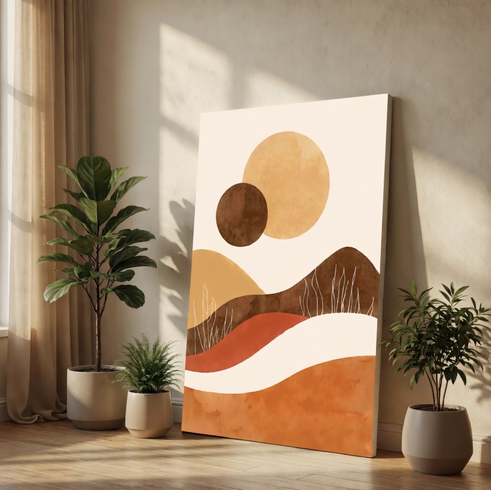 SAF Boho Minimalist Abstract Landscape Canvas Wall Art - Neutral Earth Tone Sun and Mountains Painting Print Modern Mid Century Decor for Living Room, Bedroom & Office - Image 4