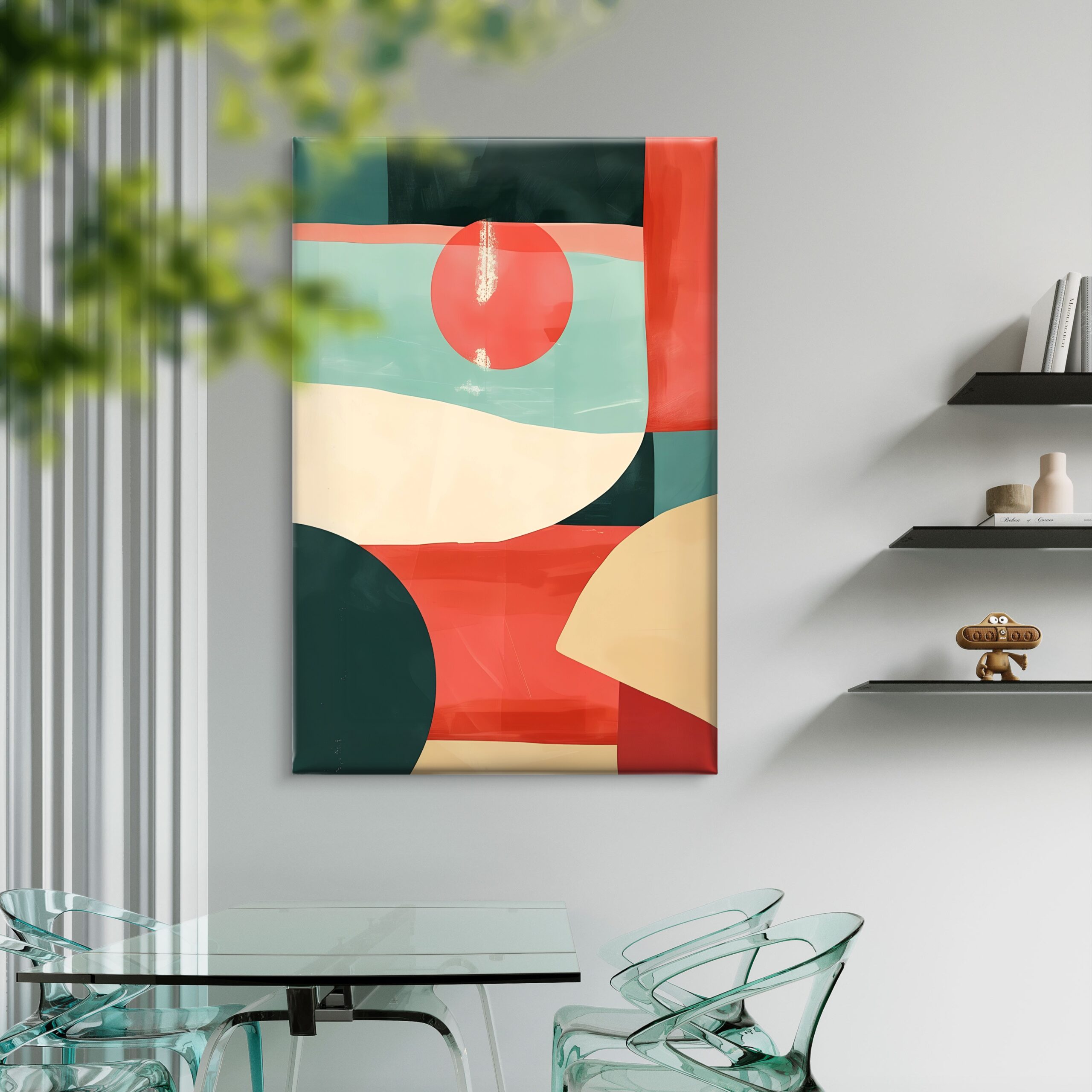 SAF Mid-Century Modern Abstract Canvas Wall Art - Bold Geometric Shapes & Red Sun Painting Print Contemporary Boho Wall Decor for Living Room, Bedroom & Home Office (Teal & Coral) - Image 4