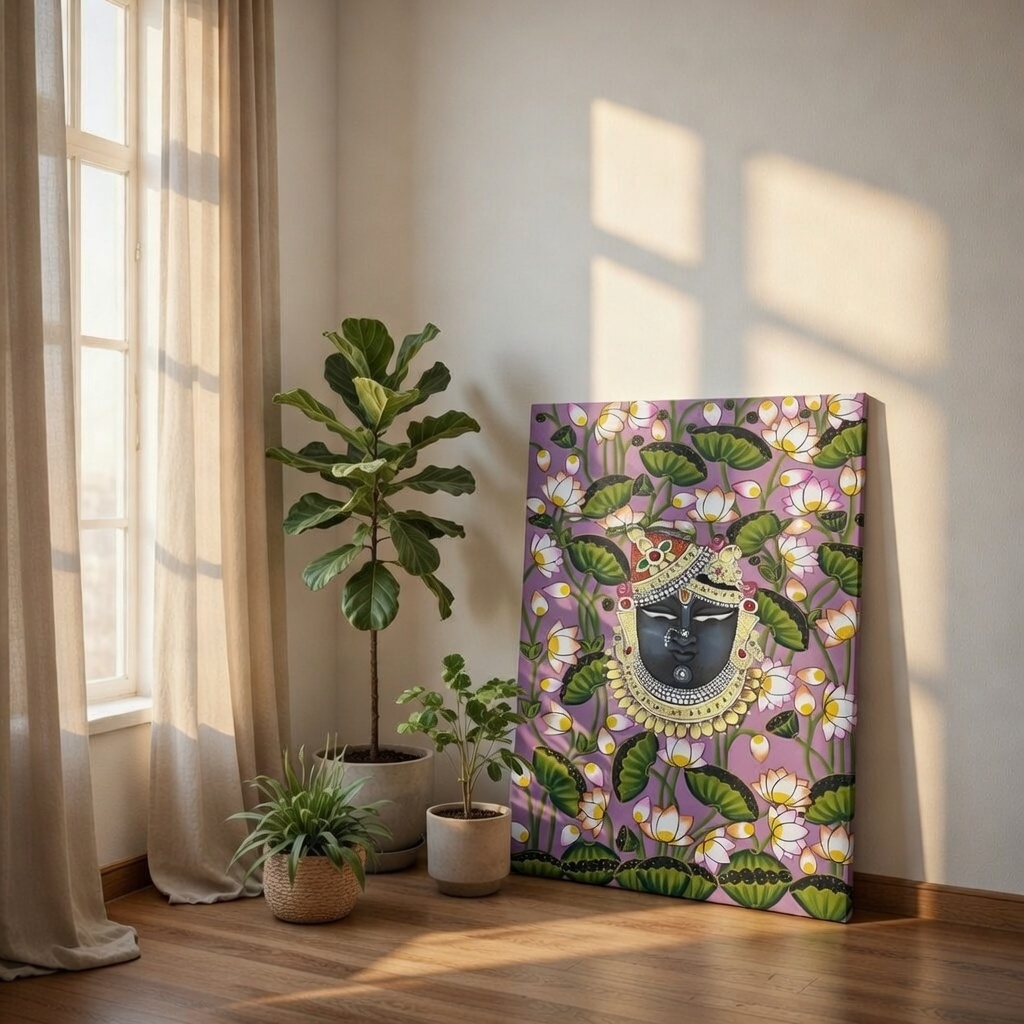 SAF Shrinathji Lotus Canvas Painting for Home Decor | Traditional Krishna Floral Wall Art with Purple Background | HD Printed Hindu God Spiritual Artwork for Living Room Temple - Image 4