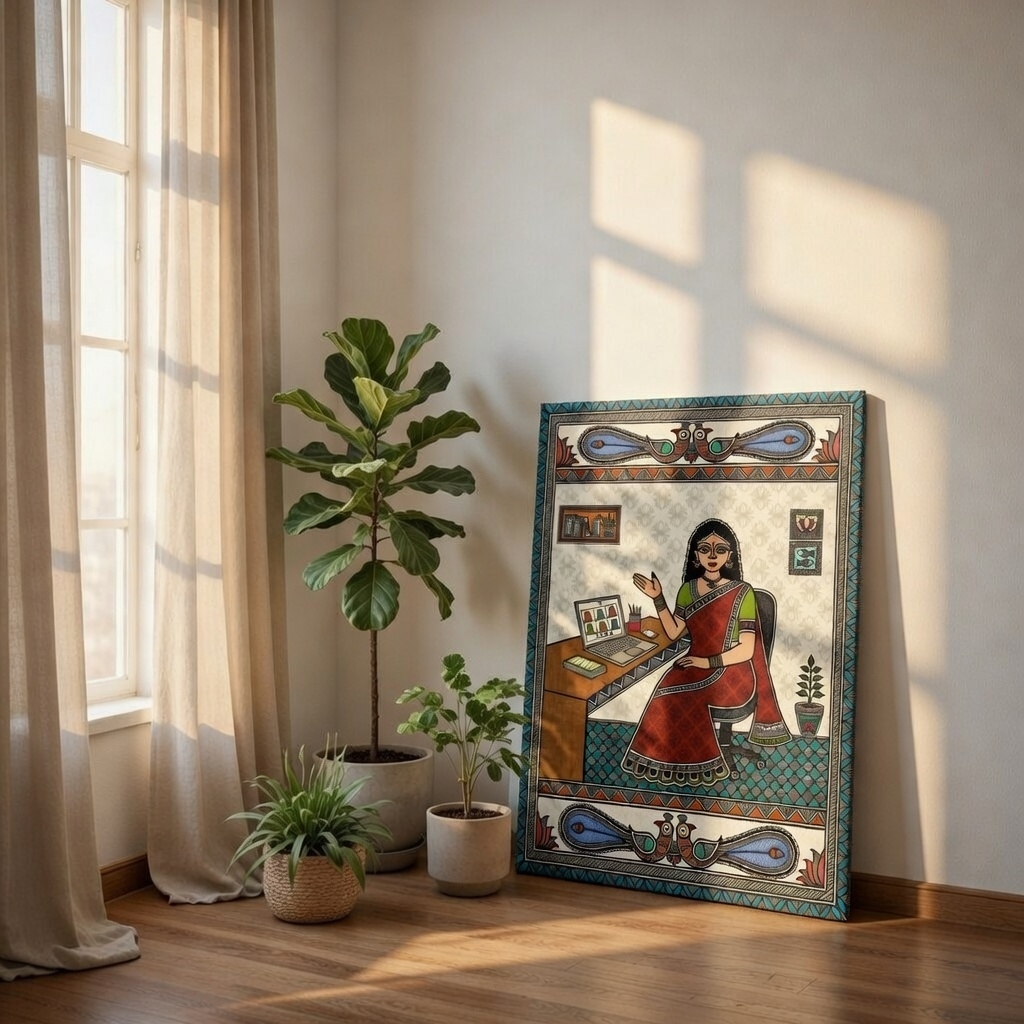 SAF Madhubani Style Woman Working Canvas Painting for Home Decor | Traditional Indian Folk Art Wall Art | HD Printed Ethnic Office Theme Artwork for Living Room Study - Image 4