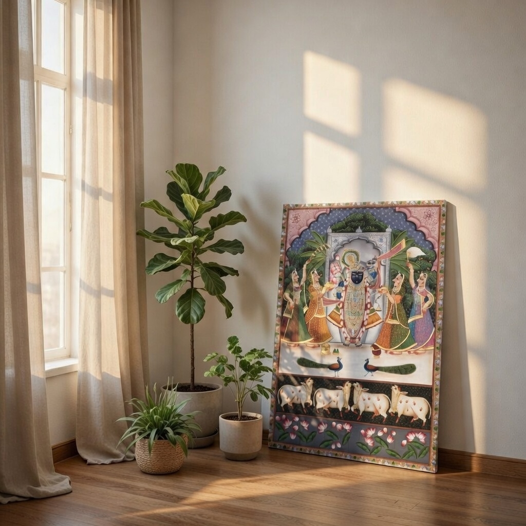SAF Shrinathji Darbar Pichwai Canvas Painting for Home Decor | Traditional Krishna Religious Wall Art with Gopis Cows and Peacocks | HD Printed Spiritual Artwork - Image 4