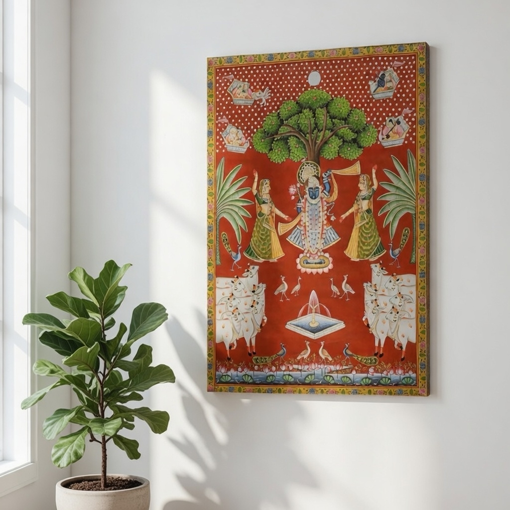 SAF Shrinathji Canvas Painting for Home Decor | Traditional Pichwai Krishna Wall Art | HD Printed Hindu God Spiritual Artwork for Living Room Temple Pooja Room - Image 4
