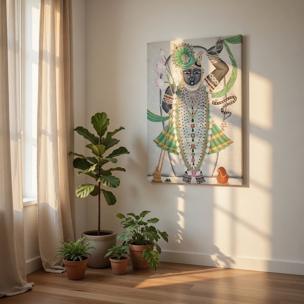 SAF Shrinathji Pichwai Canvas Painting for Home Decor | Traditional Krishna Wall Art with Green Accents | HD Printed Hindu God Spiritual Artwork for Living Room Temple - Image 4