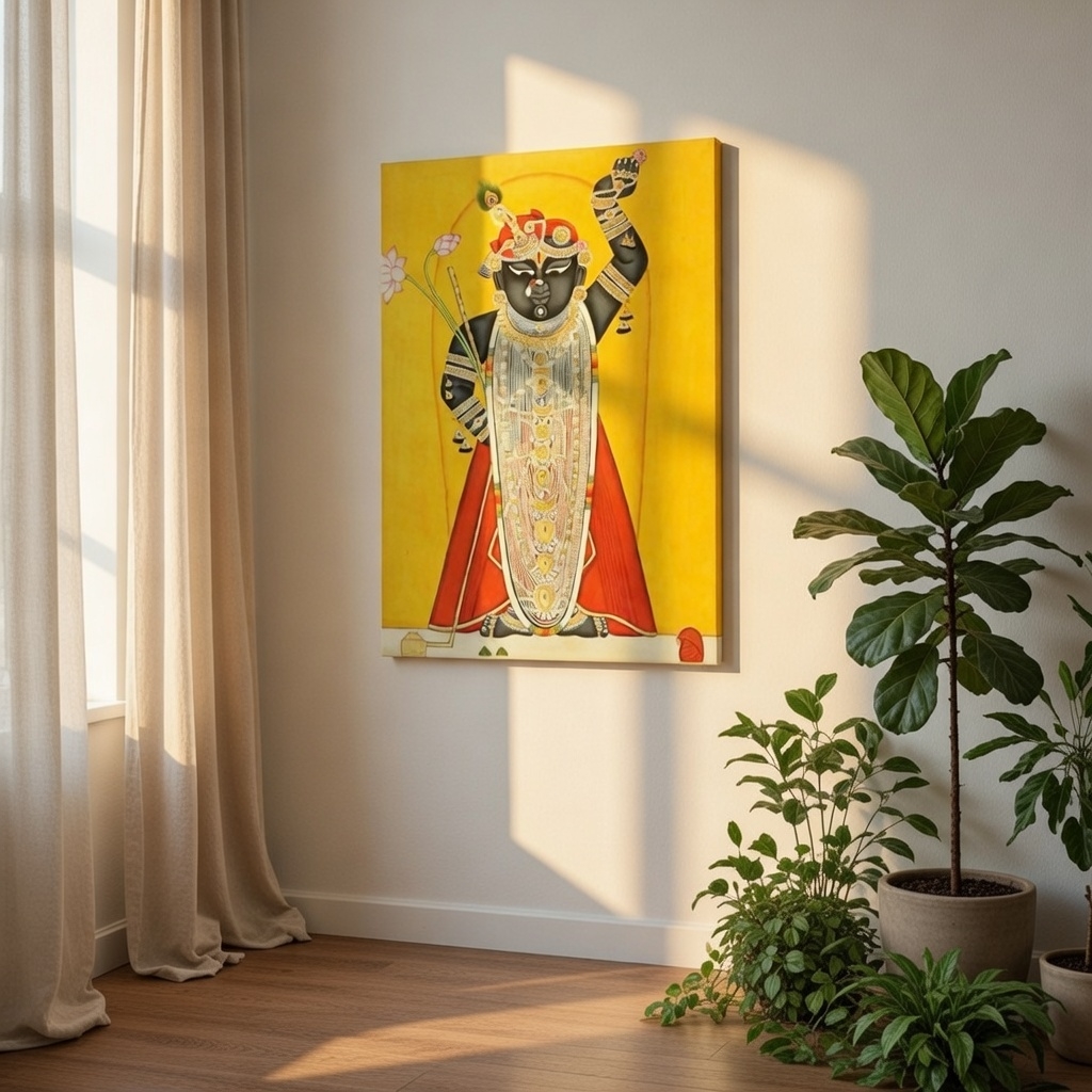 SAF Shrinathji Pichwai Canvas Painting for Home Decor | Traditional Krishna Wall Art with Yellow Background and Red Attire | HD Printed Hindu God Spiritual Artwork - Image 4