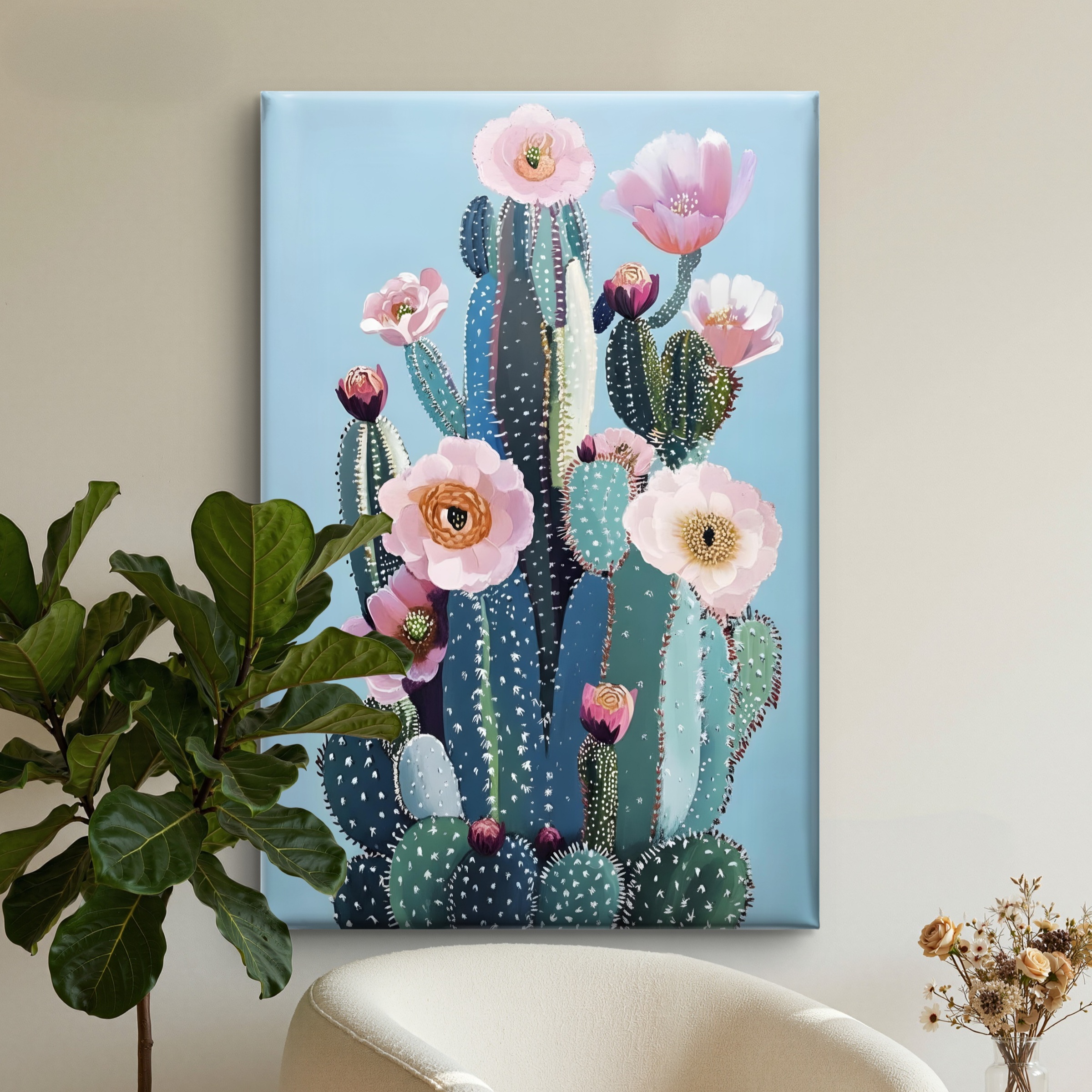 SAF Blooming Cactus Canvas Wall Art Pink Floral Desert Succulent Painting Print Modern Boho Botanical Decor for Living Room Bedroom Office Light Blue Aesthetic Poster - Image 4