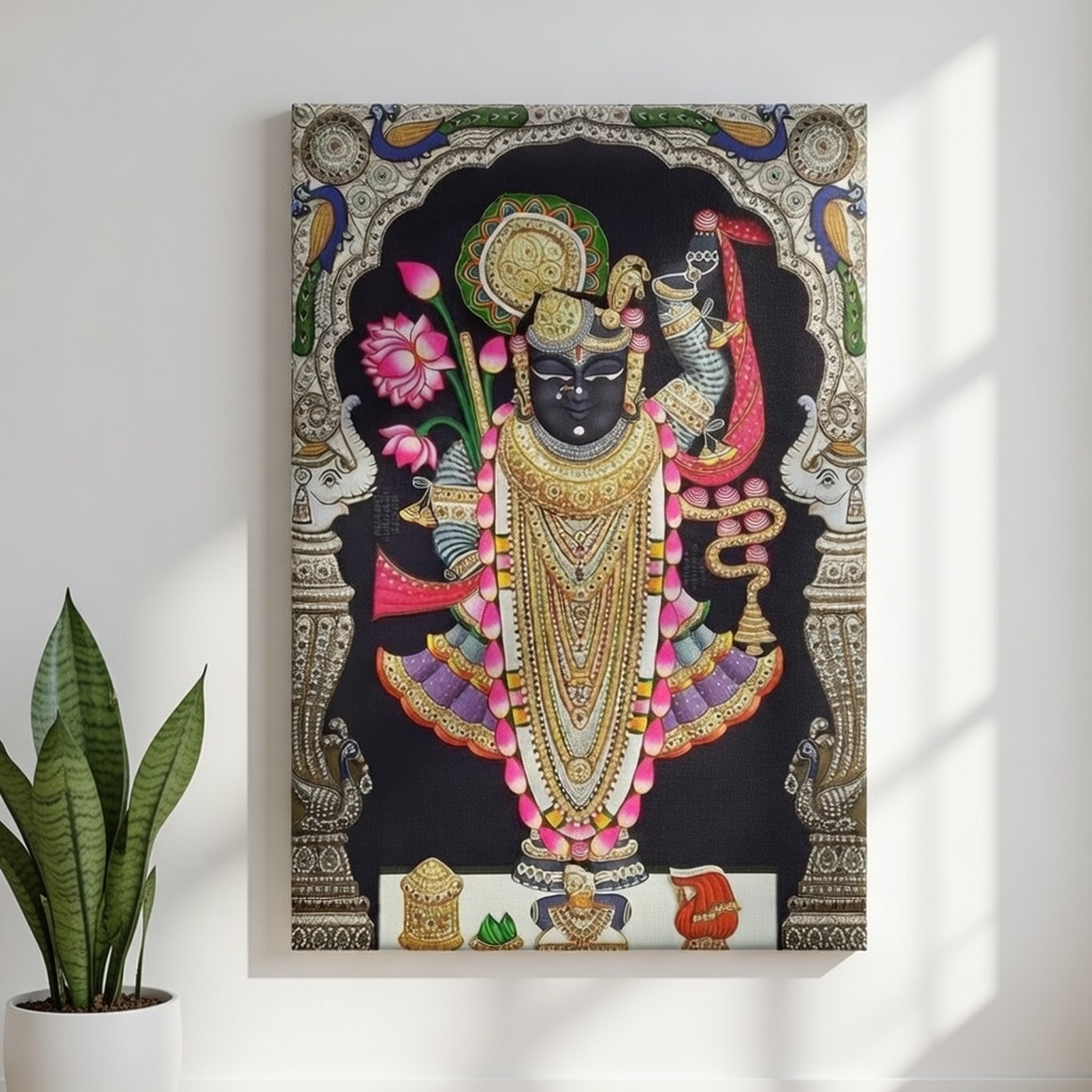SAF Shrinathji Royal Pichwai Canvas Painting for Home Decor | Traditional Krishna Wall Art with Ornamental Arch | HD Printed Hindu God Spiritual Artwork for Living Room Temple - Image 4