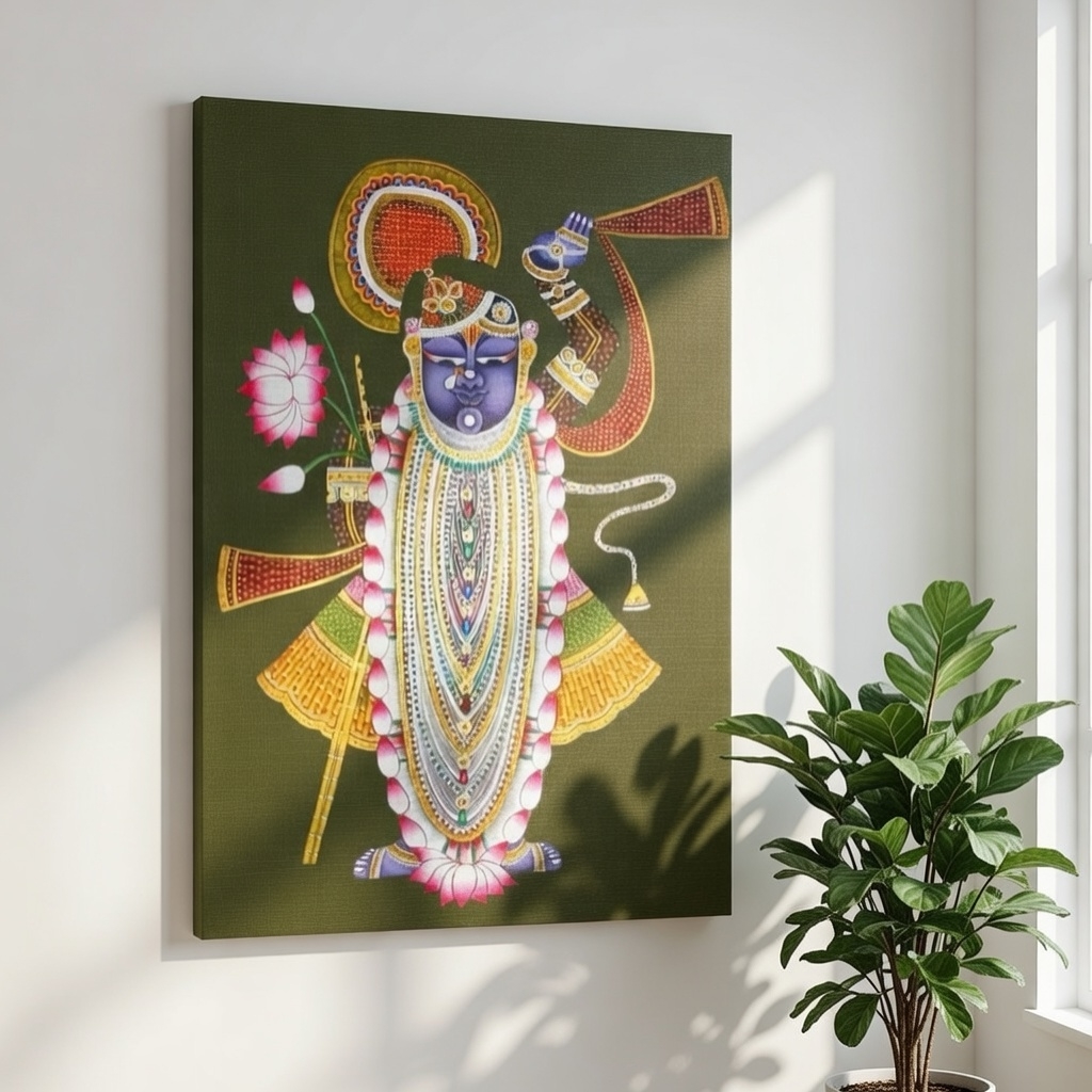 SAF Shrinathji Pichwai Canvas Painting for Home Decor | Traditional Krishna Wall Art with Olive Green Background | HD Printed Hindu God Spiritual Artwork for Living Room Temple - Image 4