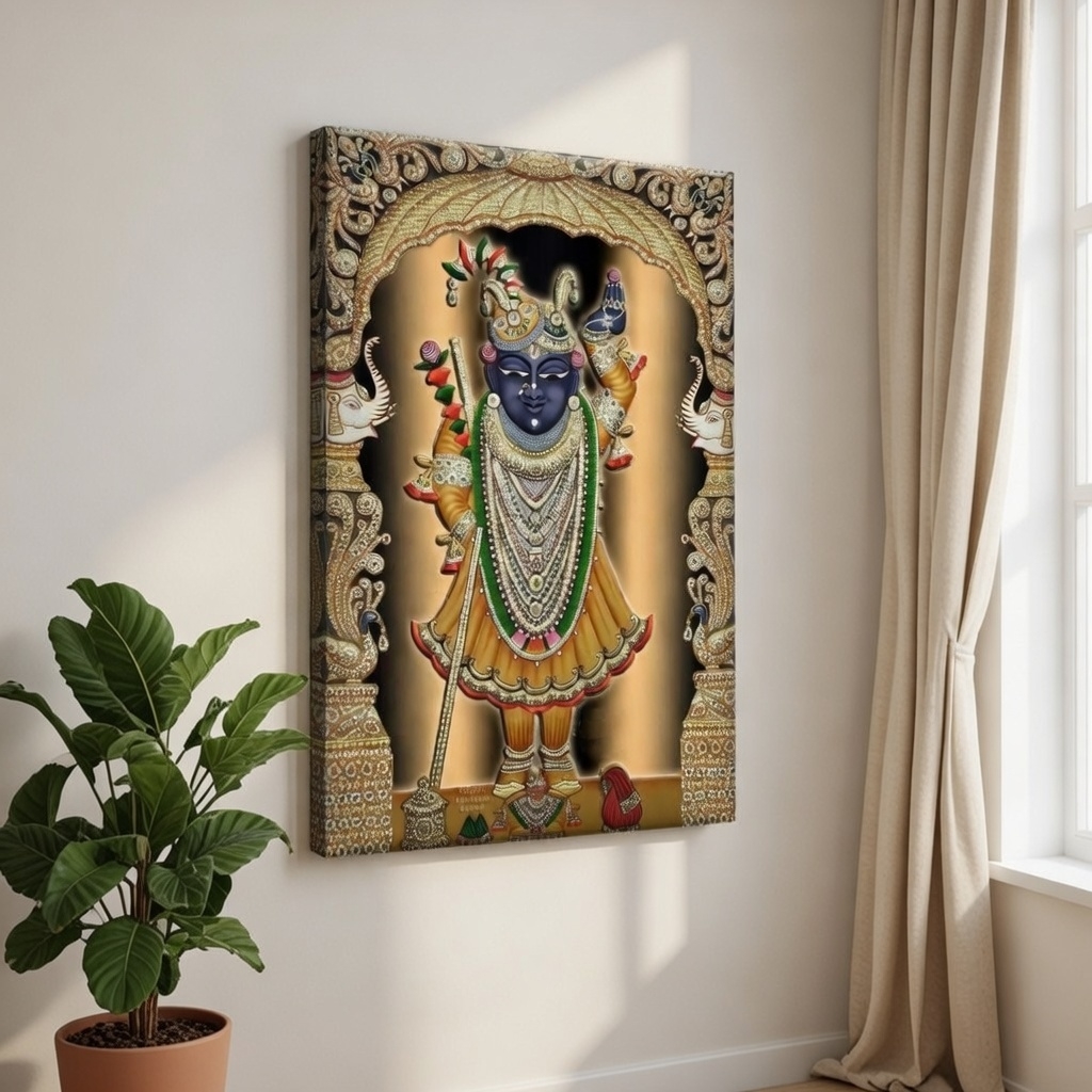SAF Shrinathji Royal Pichwai Canvas Painting for Home Decor | Traditional Krishna Wall Art with Golden Arch Design | HD Printed Hindu God Spiritual Artwork for Living Room Temple - Image 4