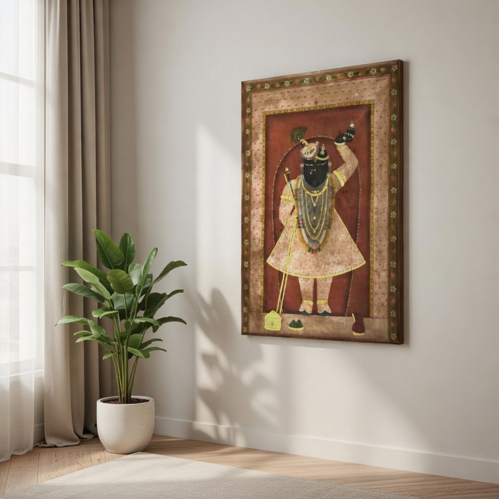 SAF Shrinathji Framed Canvas Wall Painting for Home Decor | Traditional Pichwai Style Lord Krishna Devotional Artwork | HD Printed Spiritual Wall Art for Living Room Pooja Room Office - Image 3