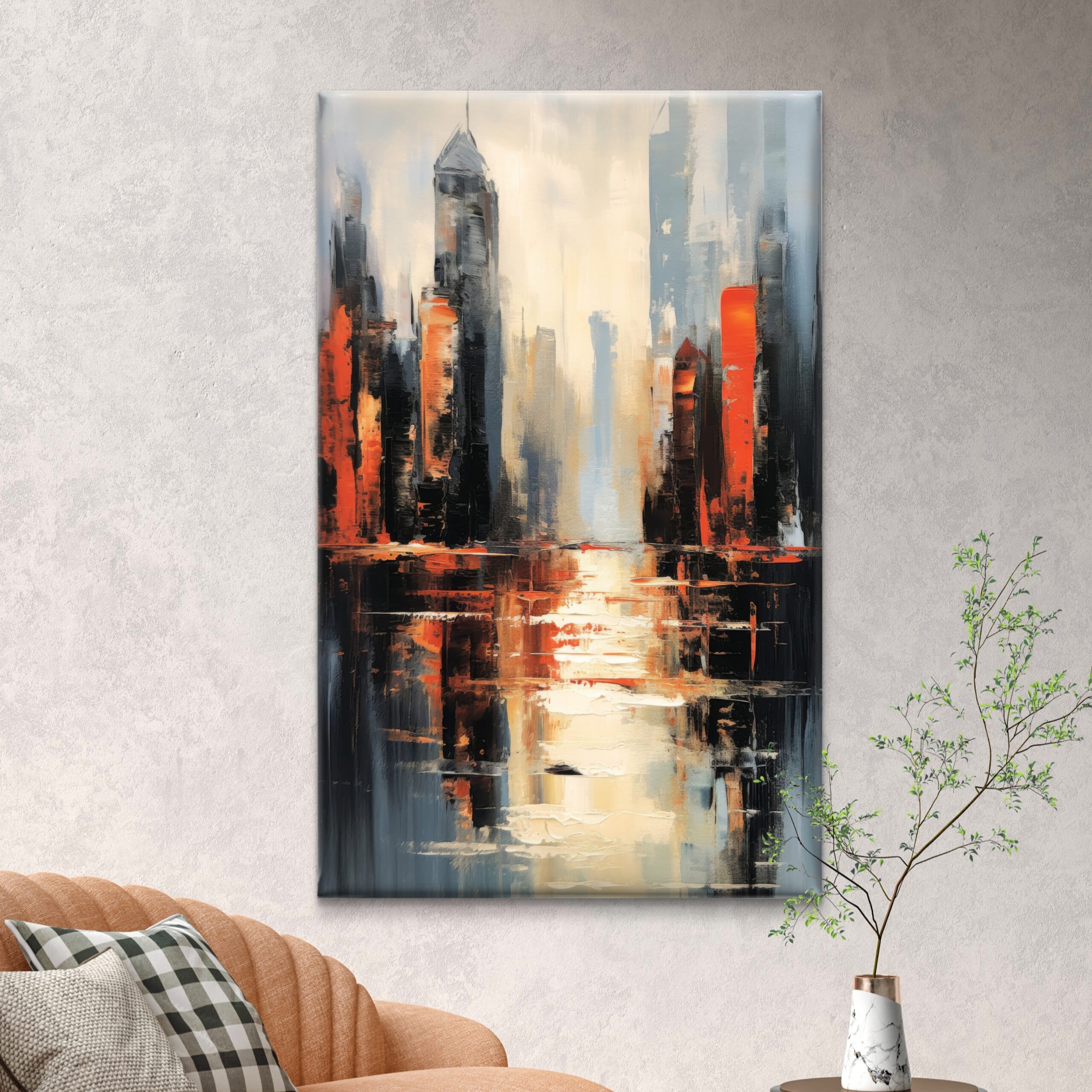 SAF Abstract City Skyline Canvas Wall Art Modern Urban Landscape Oil Painting Print Vibrant Orange & Grey Skyscraper Reflection Decor for Living Room Bedroom Office - Image 4