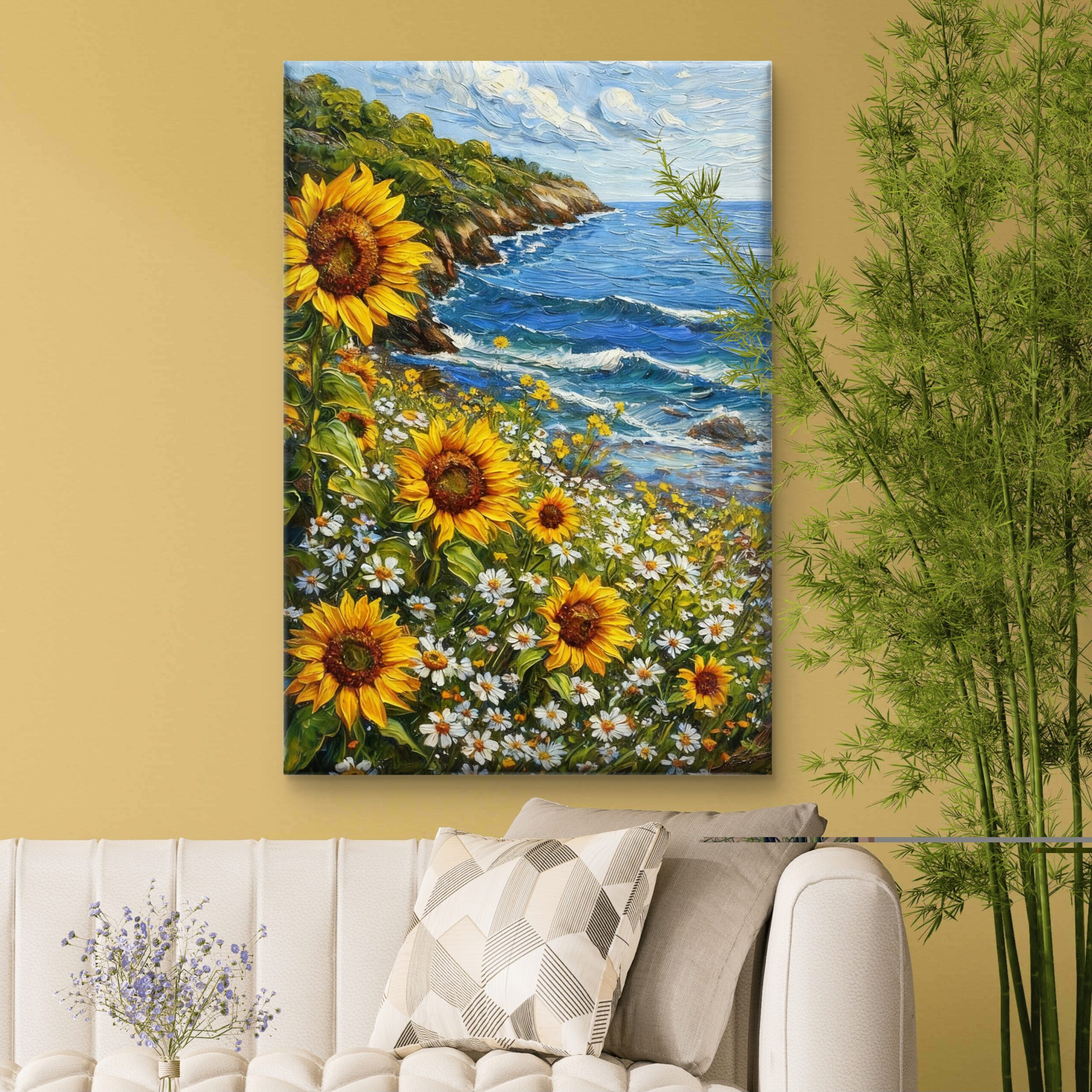 Sunflower & Ocean Coastal Landscape Textured Canvas Wall Art - Image 4