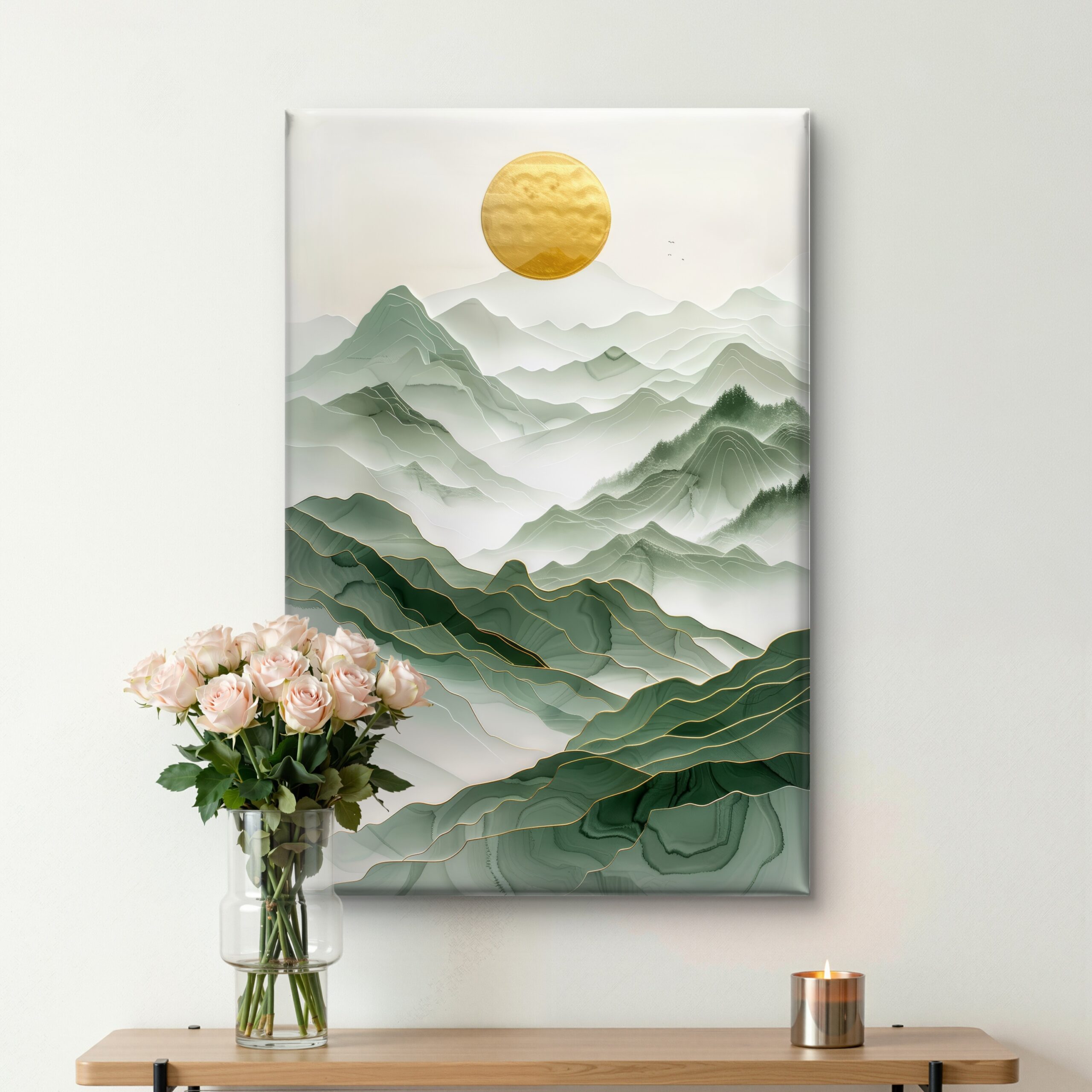 SAF Abstract Green Mountain Canvas Wall Art Modern Gold Sun Landscape Fluid Painting Print Serene Nature Decor for Living Room Bedroom Office Minimalist Aesthetic Poster - Image 4