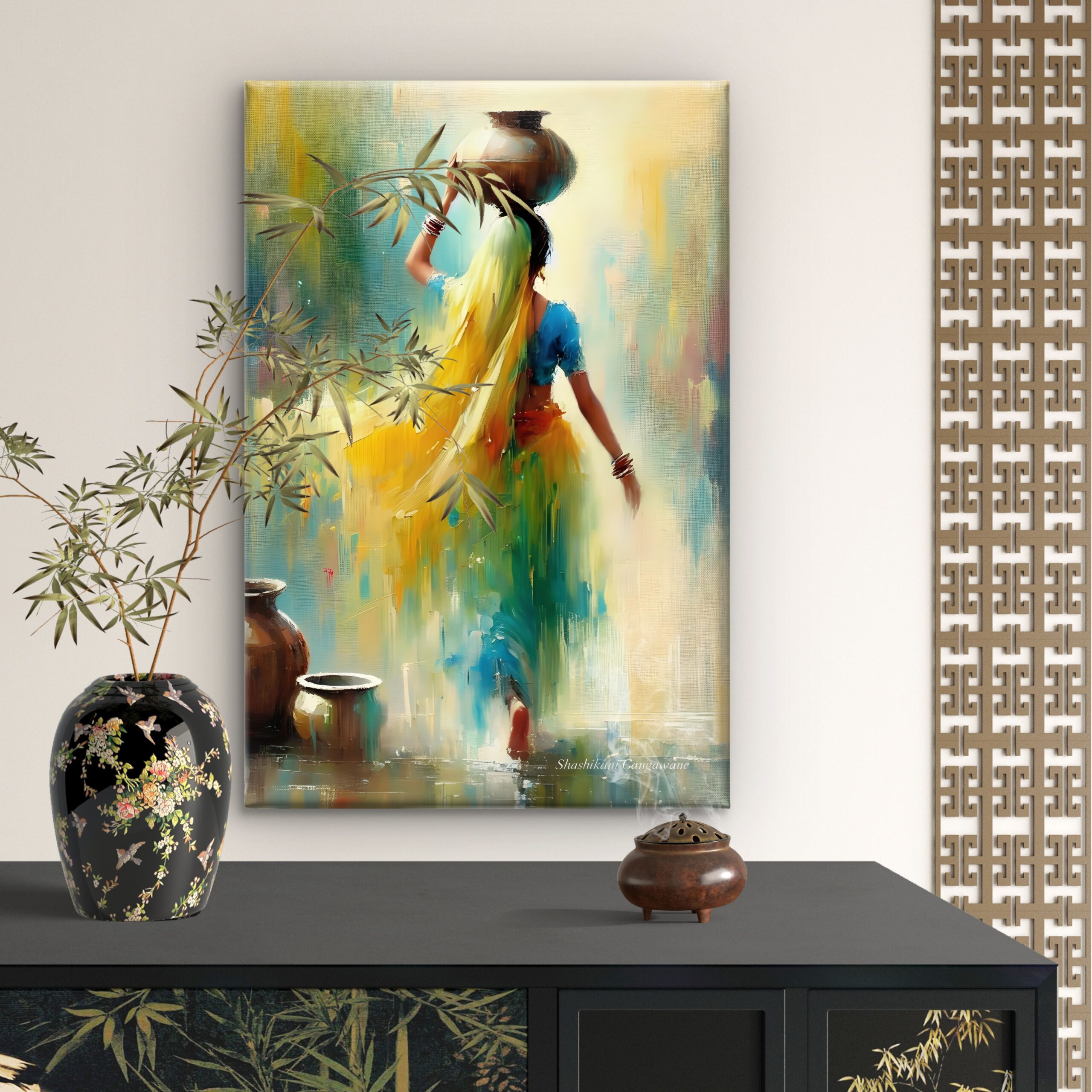 SAF Abstract Indian Woman with Pot Canvas Wall Art Traditional Rural Village Painting Print Textured Ethnic Decor for Living Room Bedroom Office Vibrant Yellow Blue - Image 4