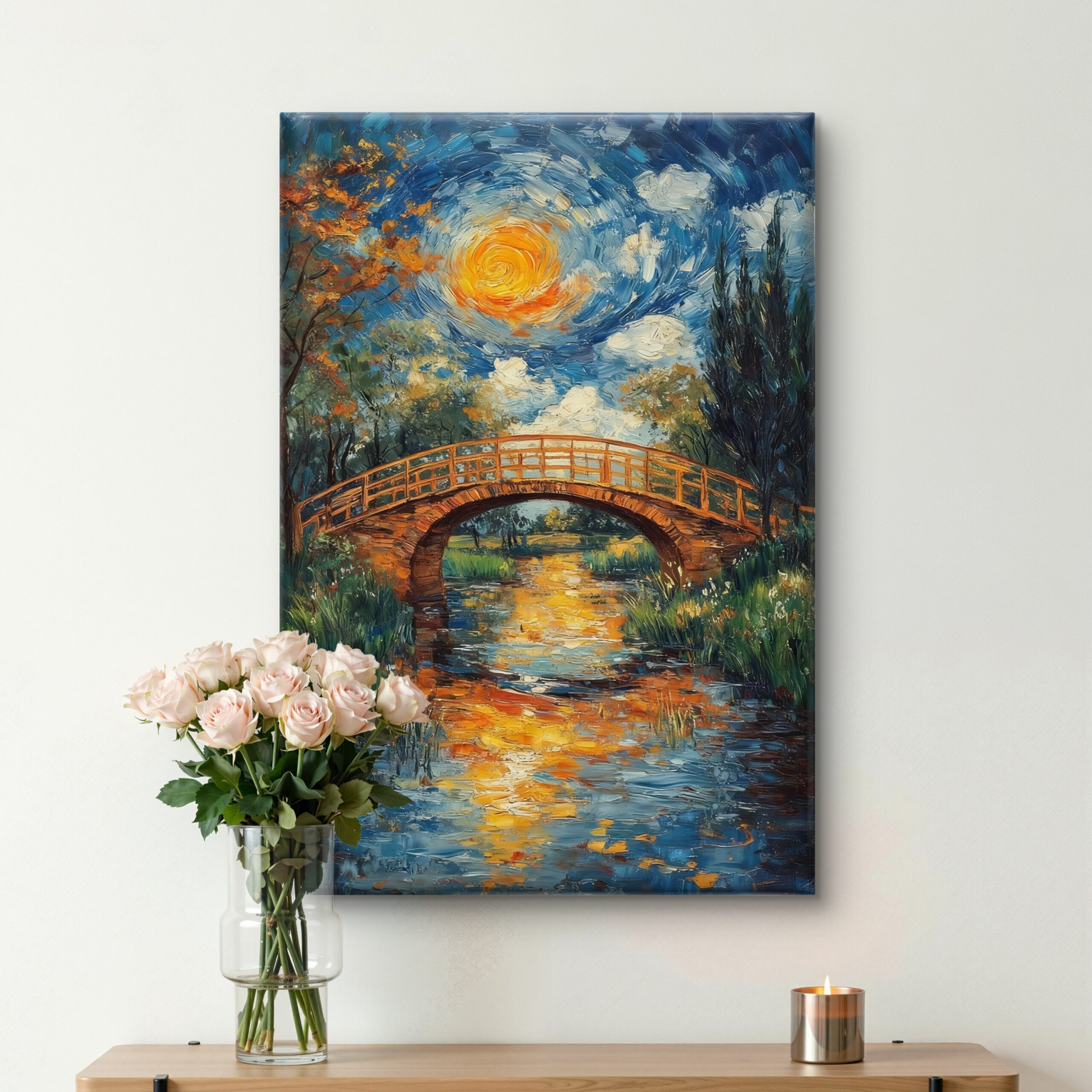 SAF Impressionist Bridge and River Canvas Wall Art Swirling Sky Landscape Oil Painting Print Textured Nature Decor for Living Room Bedroom Office Vintage Scenery Poster - Image 4