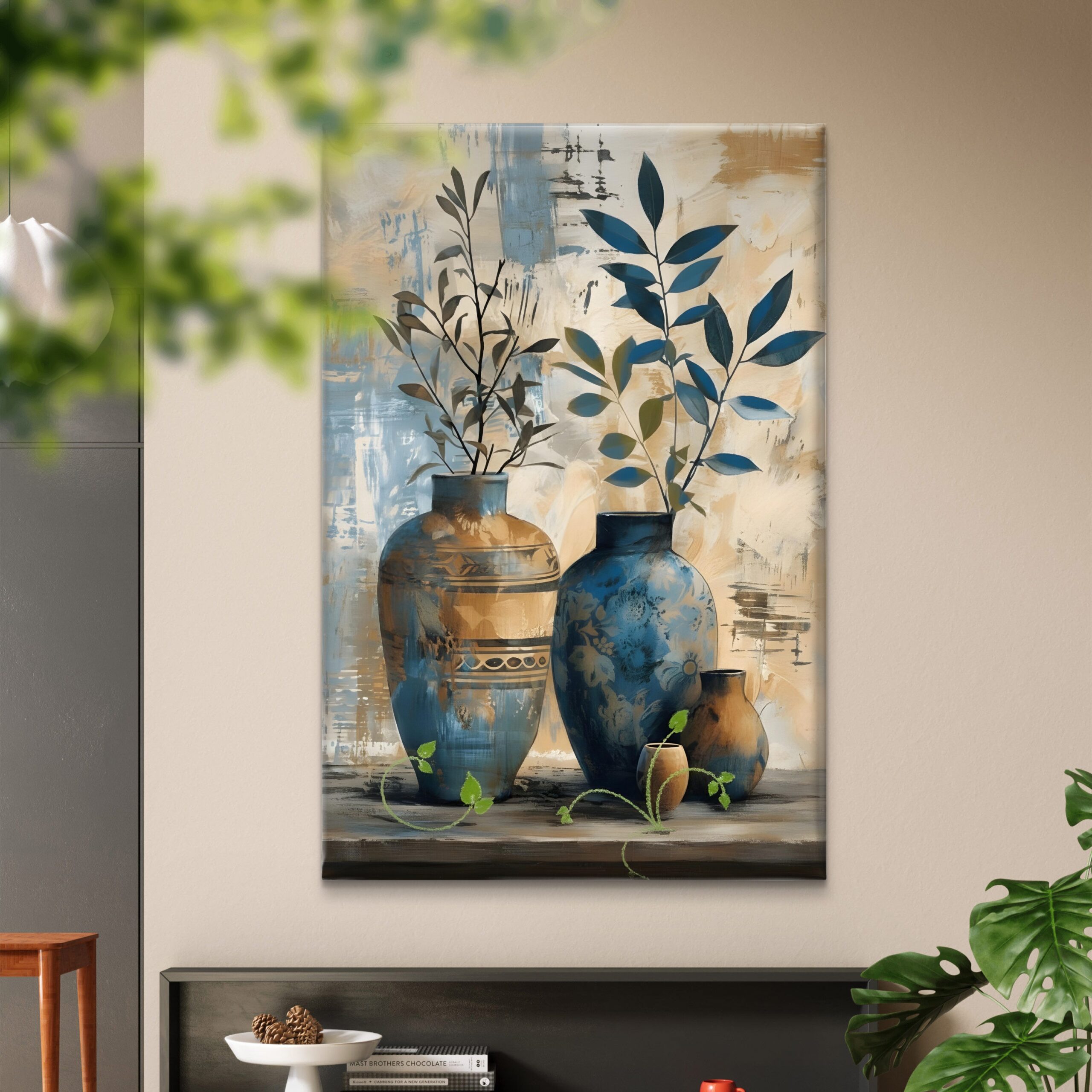 SAF Abstract Blue and Beige Vase Canvas Wall Art Rustic Still Life Botanical Painting Print Boho Floral Decor for Living Room Bedroom Office Contemporary Poster - Image 4
