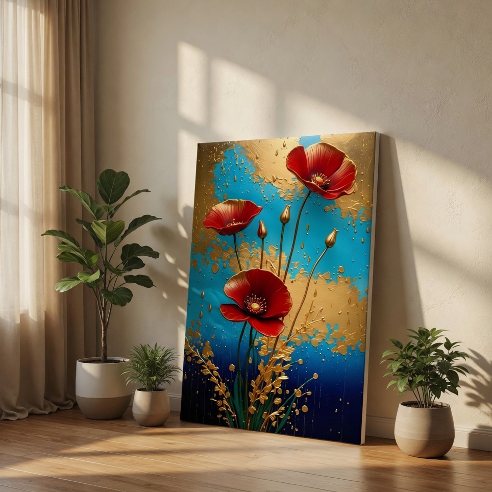 SAF Elegant Red Poppy Canvas Wall Art 3D Gold Floral Abstract Painting Print Luxury Teal Blue Botanical Decor for Living Room Bedroom Office Modern Poster - Image 4