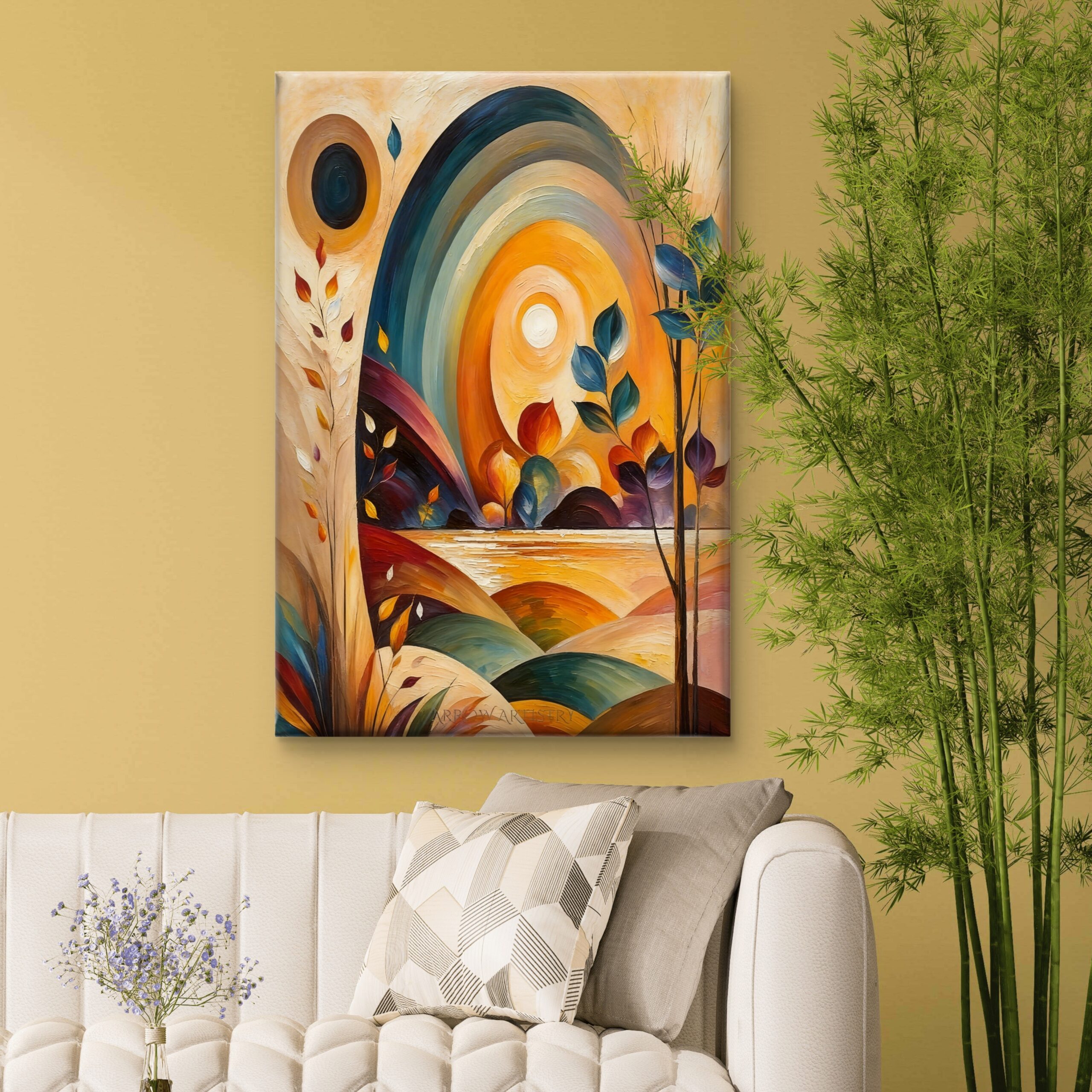 SAF Textured Abstract Landscape Canvas Wall Art Boho Sun and Moon Oil Painting Print Mid Century Modern Botanical Wall Decor for Living Room Bedroom Office - Image 4