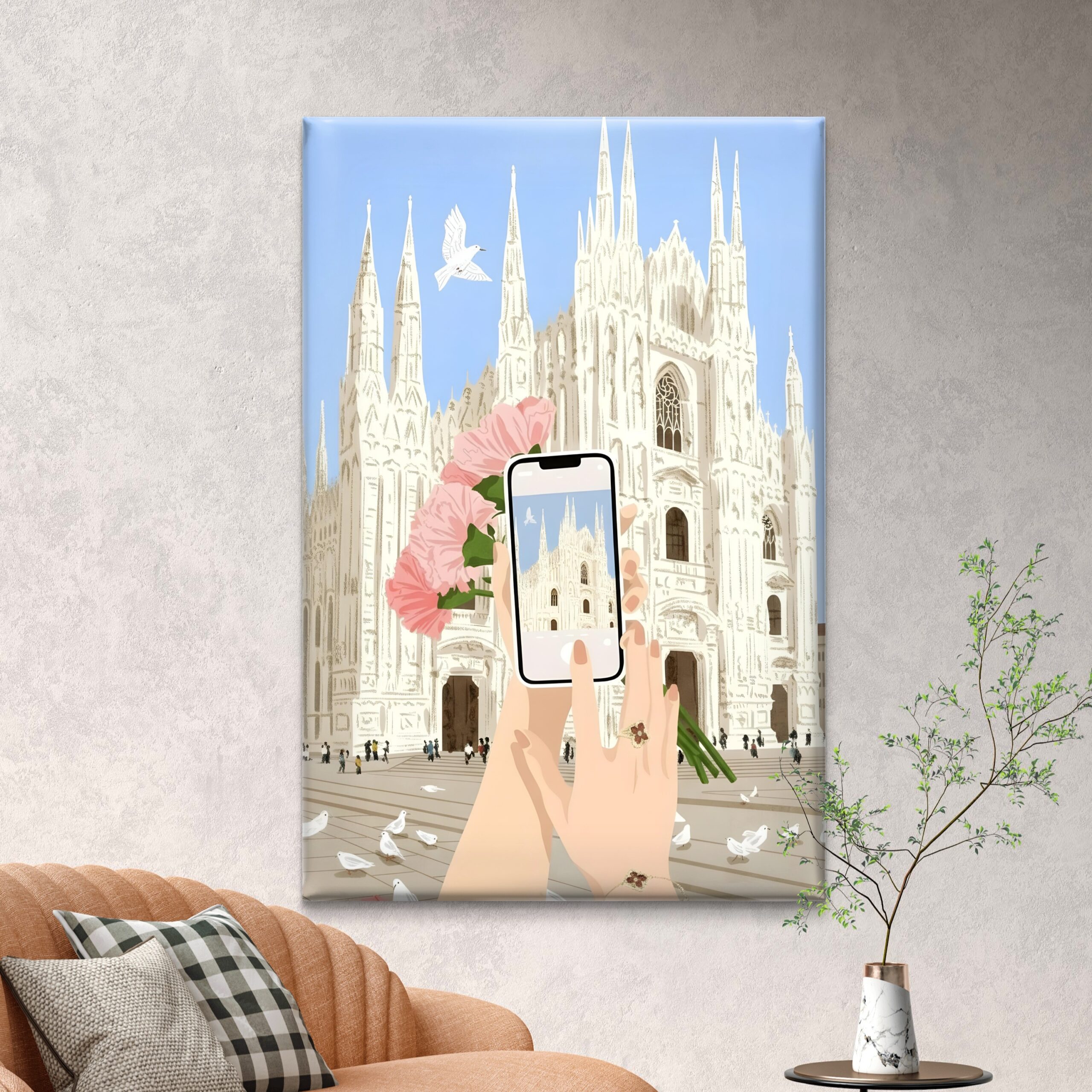 SAF Modern Milan Cathedral Travel Canvas Wall Art Chic Italy Cityscape Illustration Print Trendy Pink Floral Photography Decor for Living Room Bedroom Dorm Aesthetic Poster - Image 4