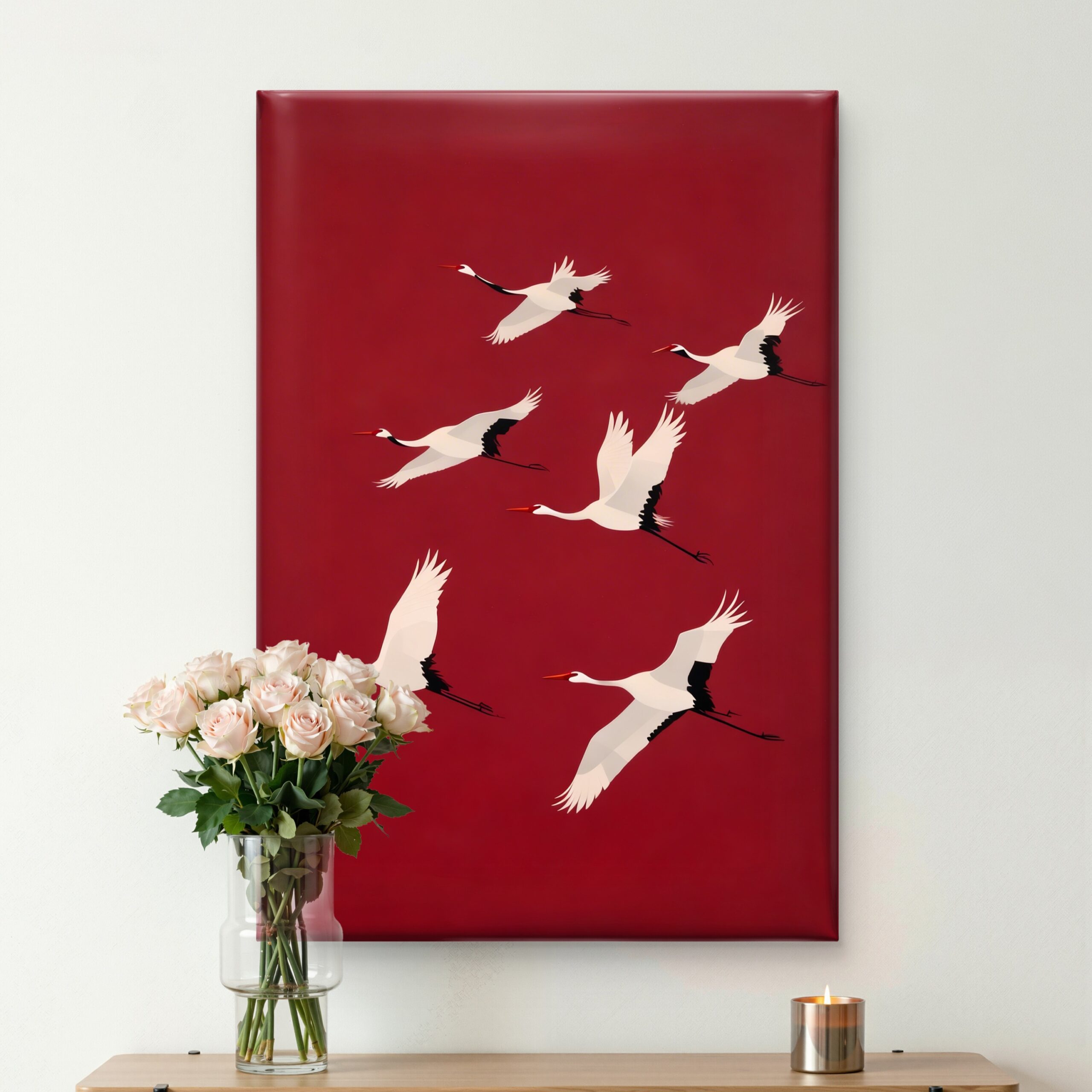 Japanese Flying Cranes Deep Red Minimalist Canvas Wall Art Print - Image 4
