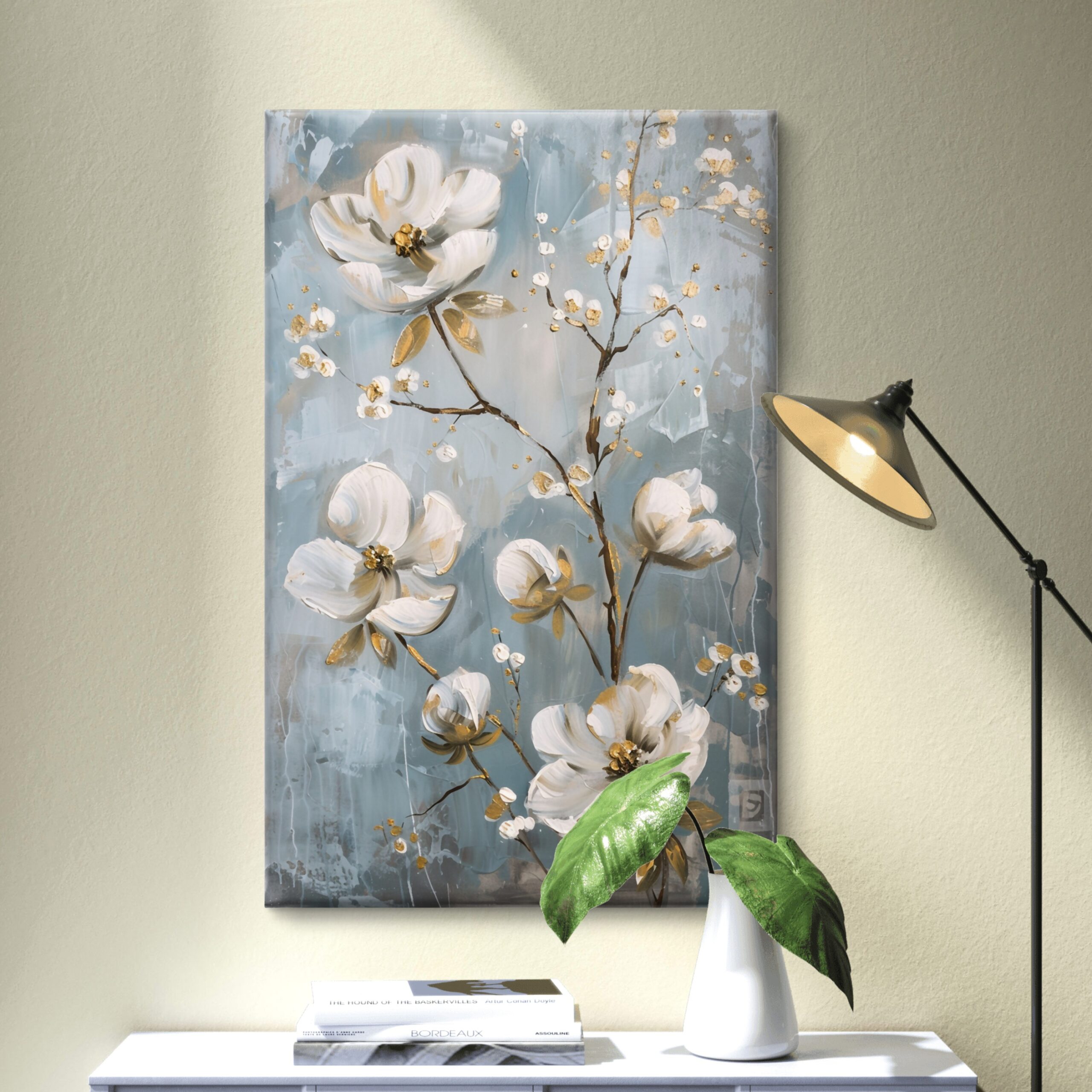 SAF Elegant White Magnolia Floral Canvas Wall Art 3D Textured Abstract Oil Painting Print Blue Grey Gold Decor for Living Room Bedroom Office Botanical Poster - Image 4