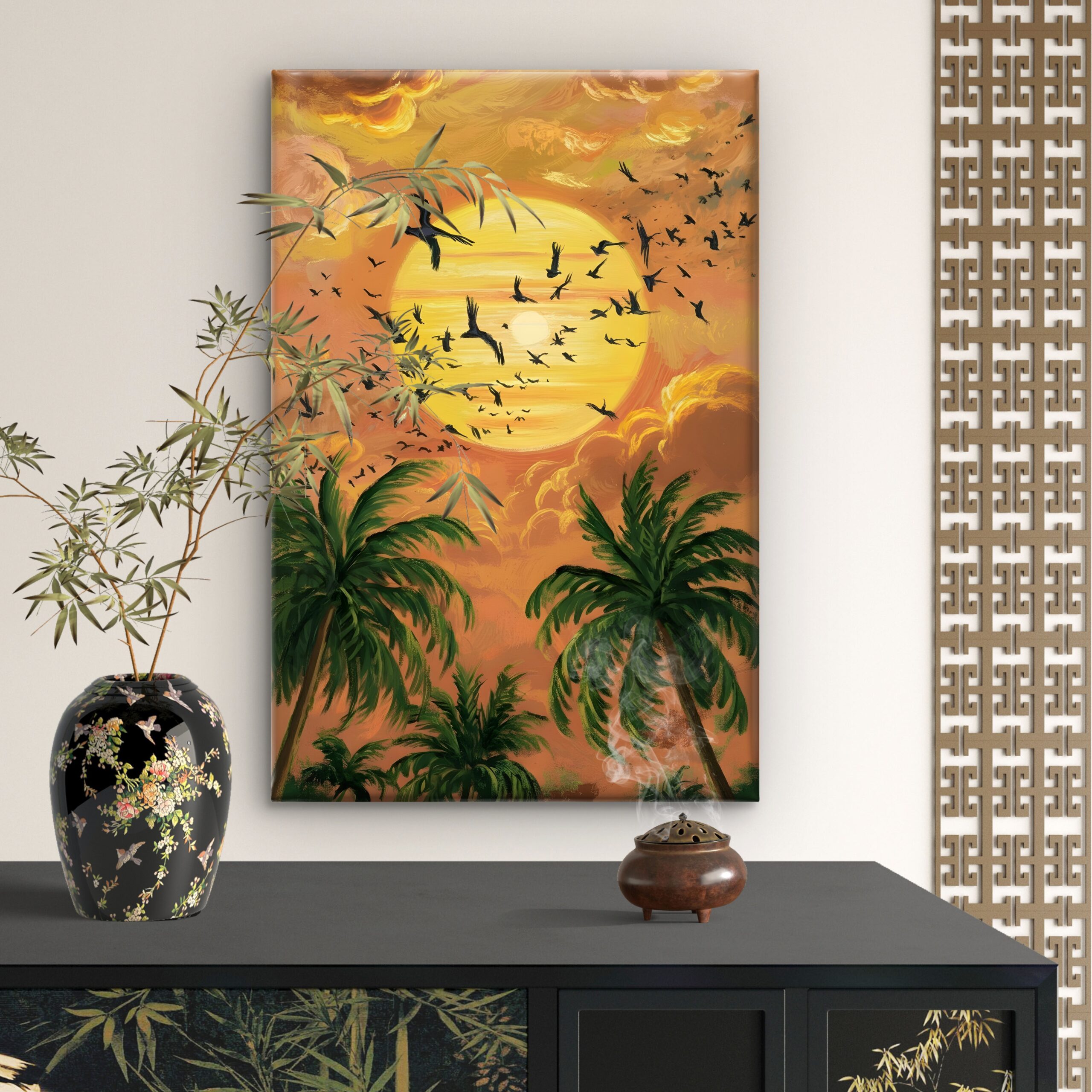 SAF Tropical Sunset Canvas Wall Art Palm Tree Landscape Painting Print Flying Birds Orange Sun Coastal Beach Decor for Living Room Bedroom Office Nature Poster - Image 4