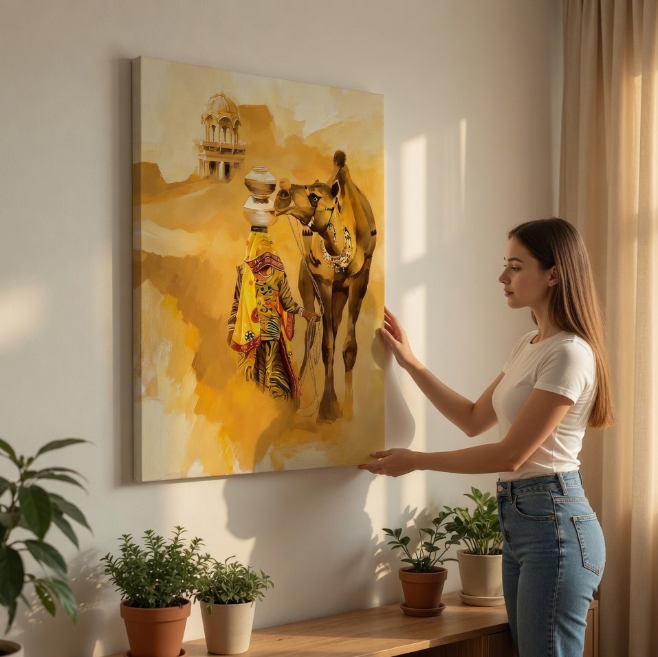 SAF Traditional Rajasthani Desert Canvas Wall Art Indian Woman with Camel Oil Painting Print Ethnic Heritage Decor for Living Room Bedroom Office Warm Yellow Aesthetic - Image 4