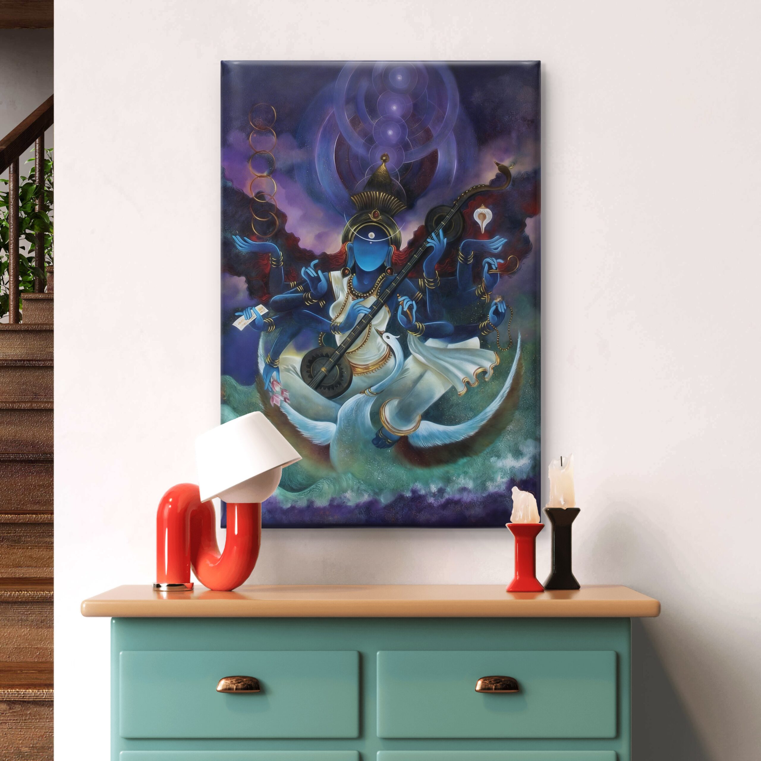 SAF Abstract Cosmic Goddess Saraswati Canvas Wall Art Spiritual Hindu Deity Playing Veena Painting Print Modern Zen Puja Room Decor for Living Room Bedroom Office - Image 4
